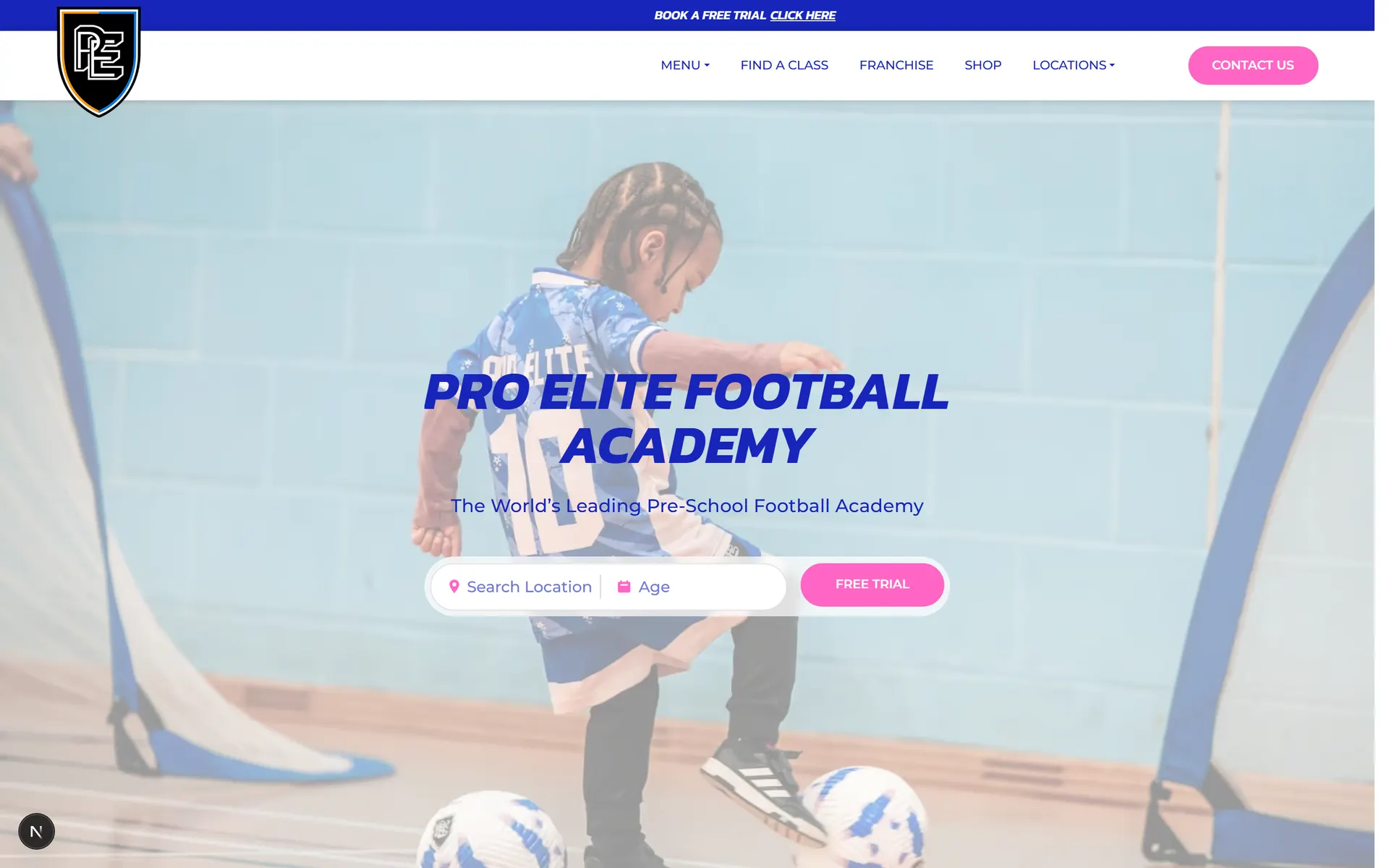 Home page with hero photography, free-trial banner, and class search