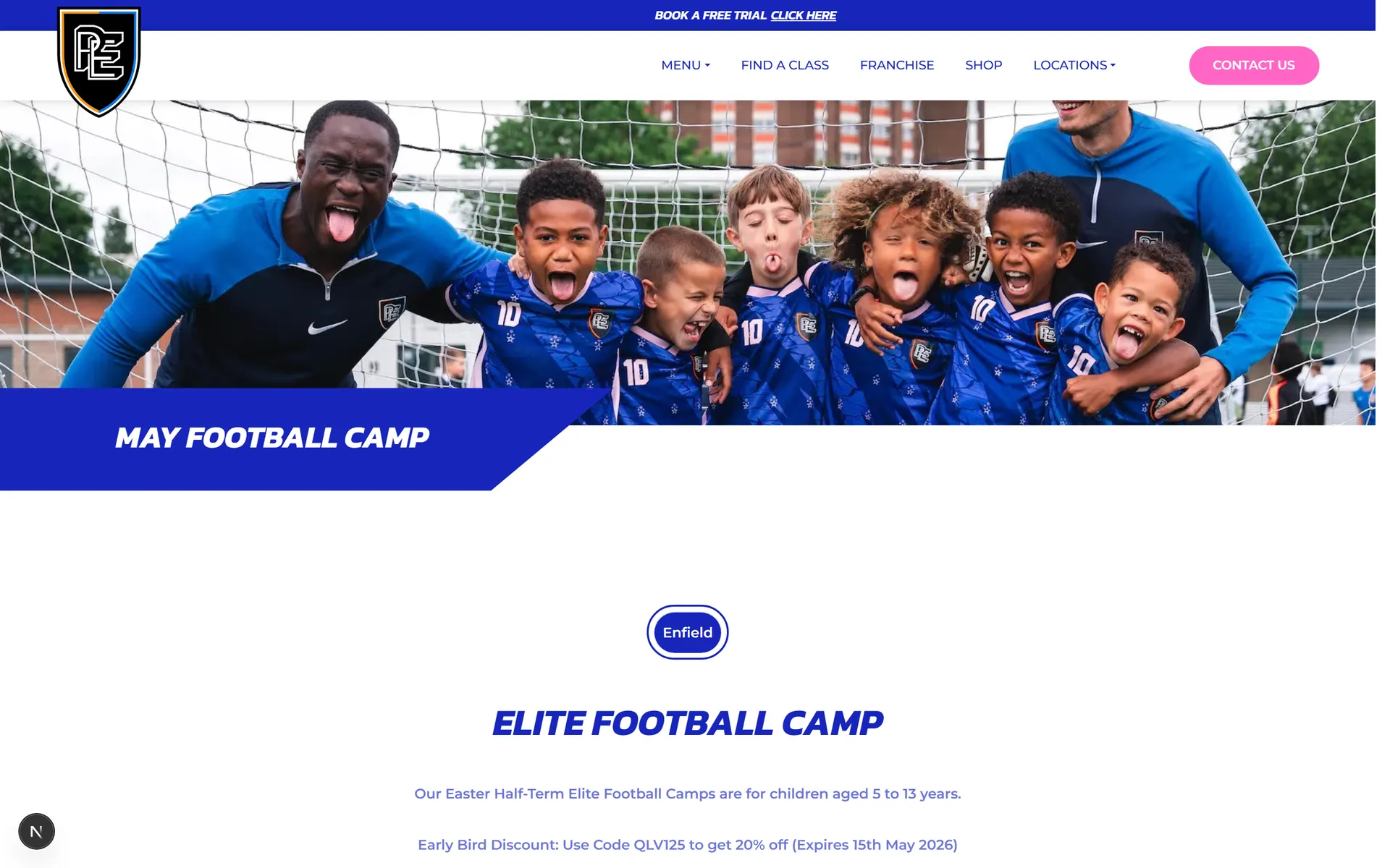 Holiday camp page with location tabs, camp description, and discount code