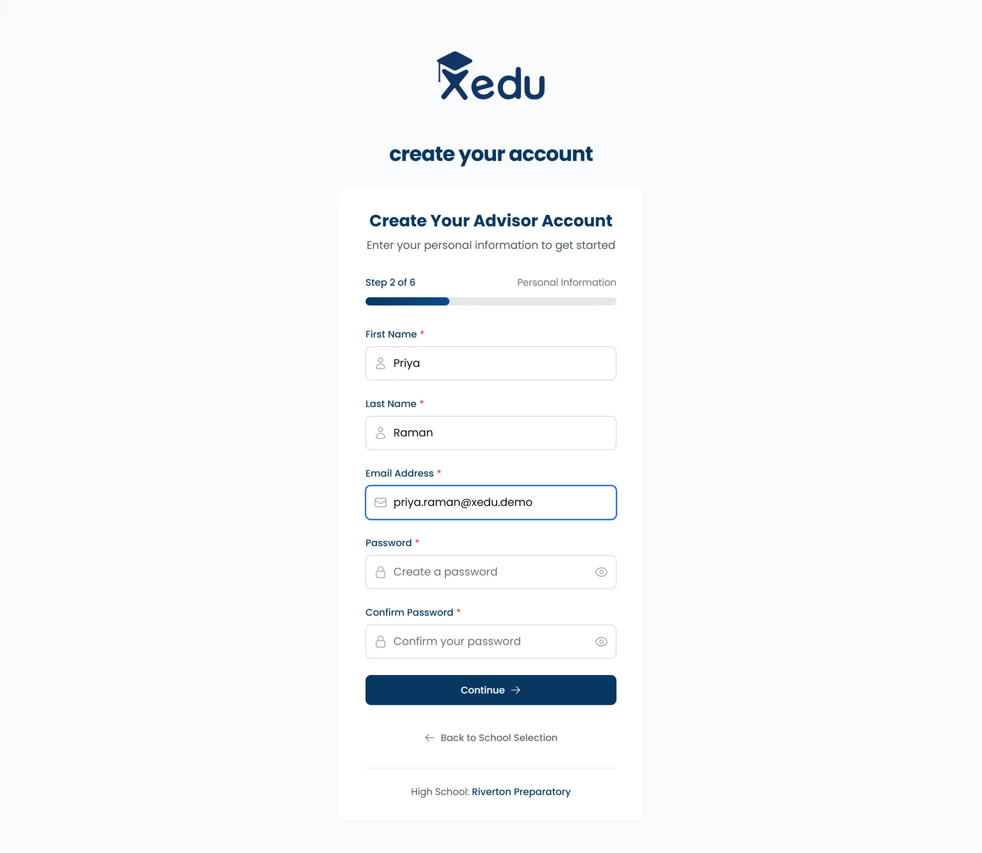 Advisor registration step two of six with a progress bar