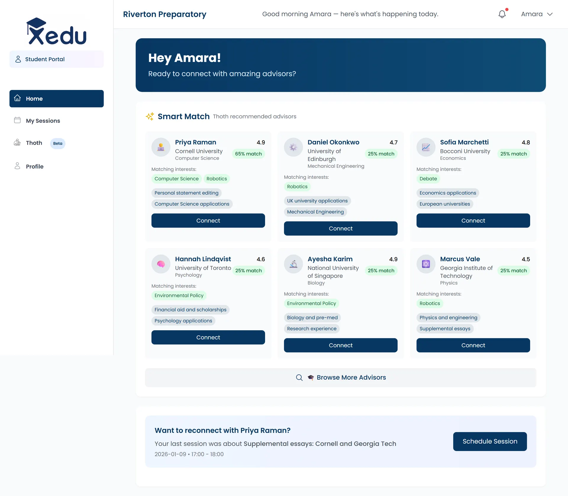 Student dashboard with a Smart Match grid of advisor cards showing match percentages