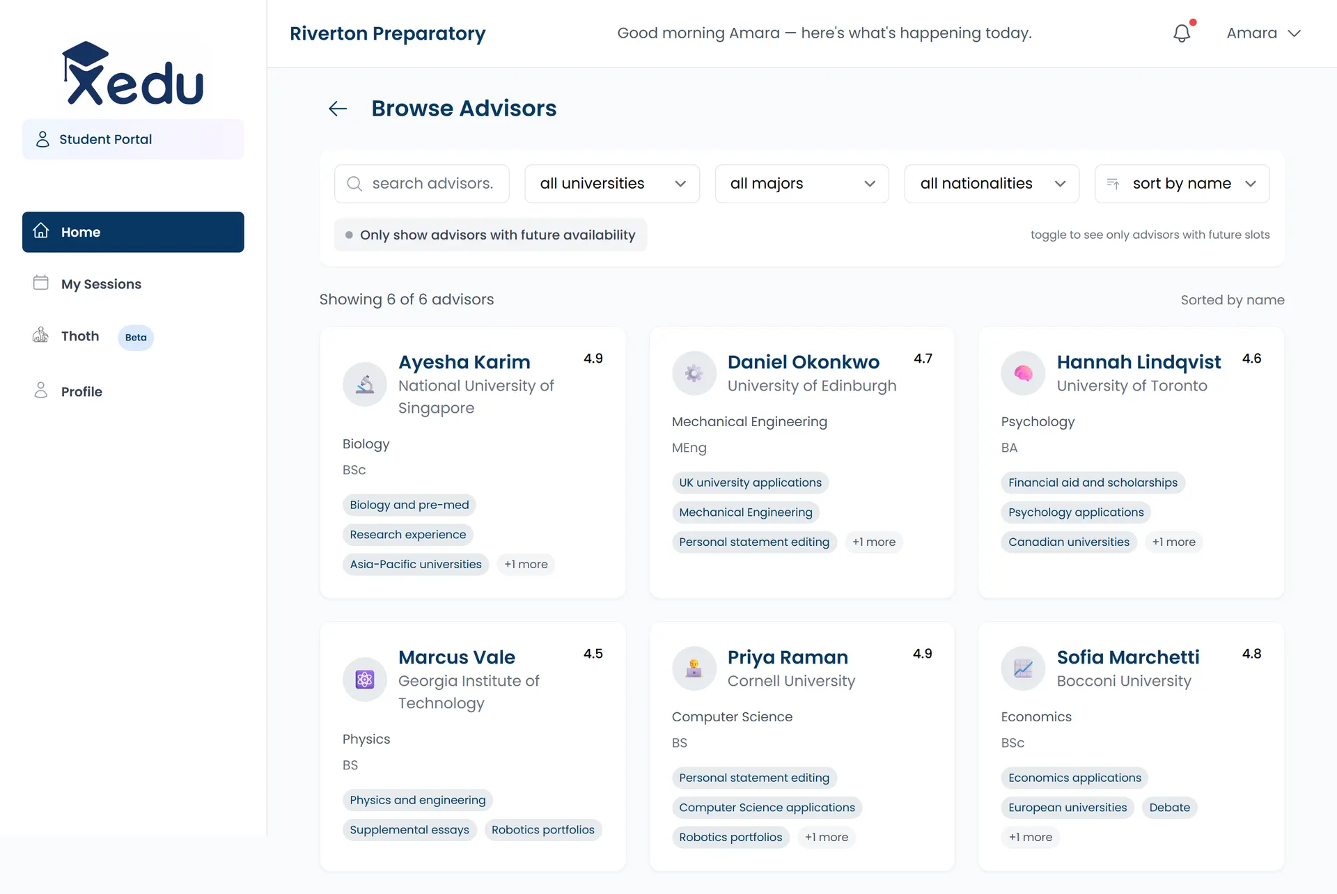Browse Advisors page with search, university, major, and nationality filters over advisor cards