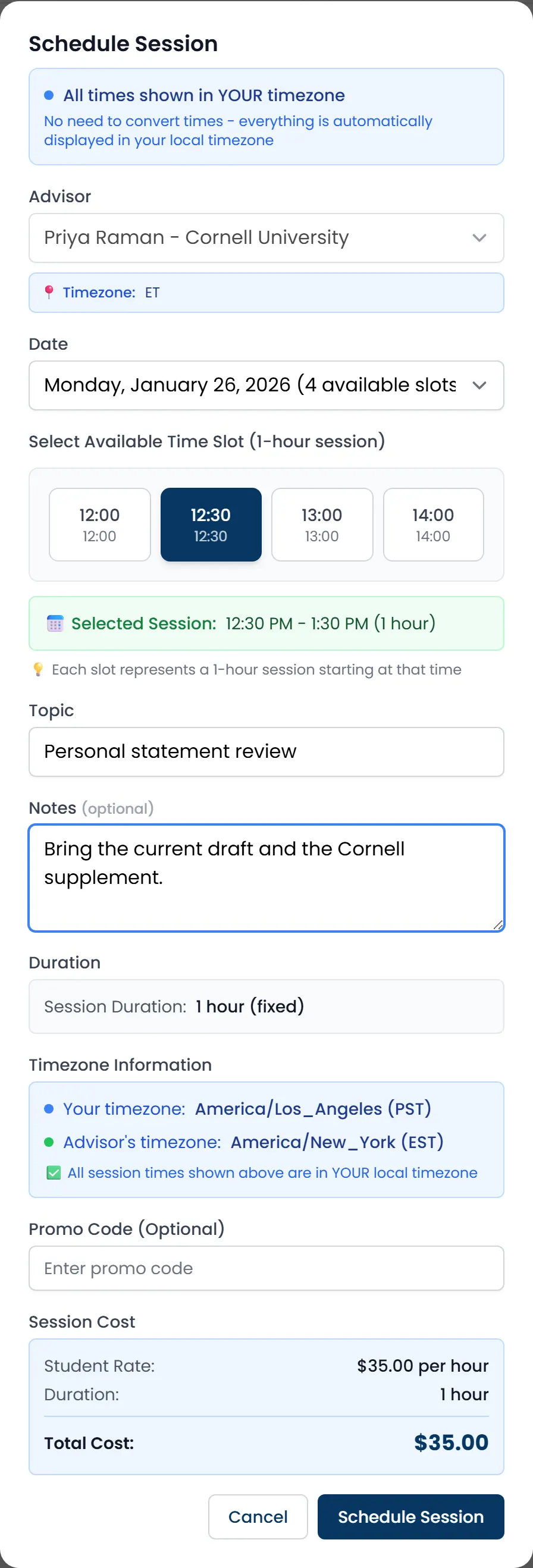 Schedule Session modal showing timezone-converted slots and a computed session cost