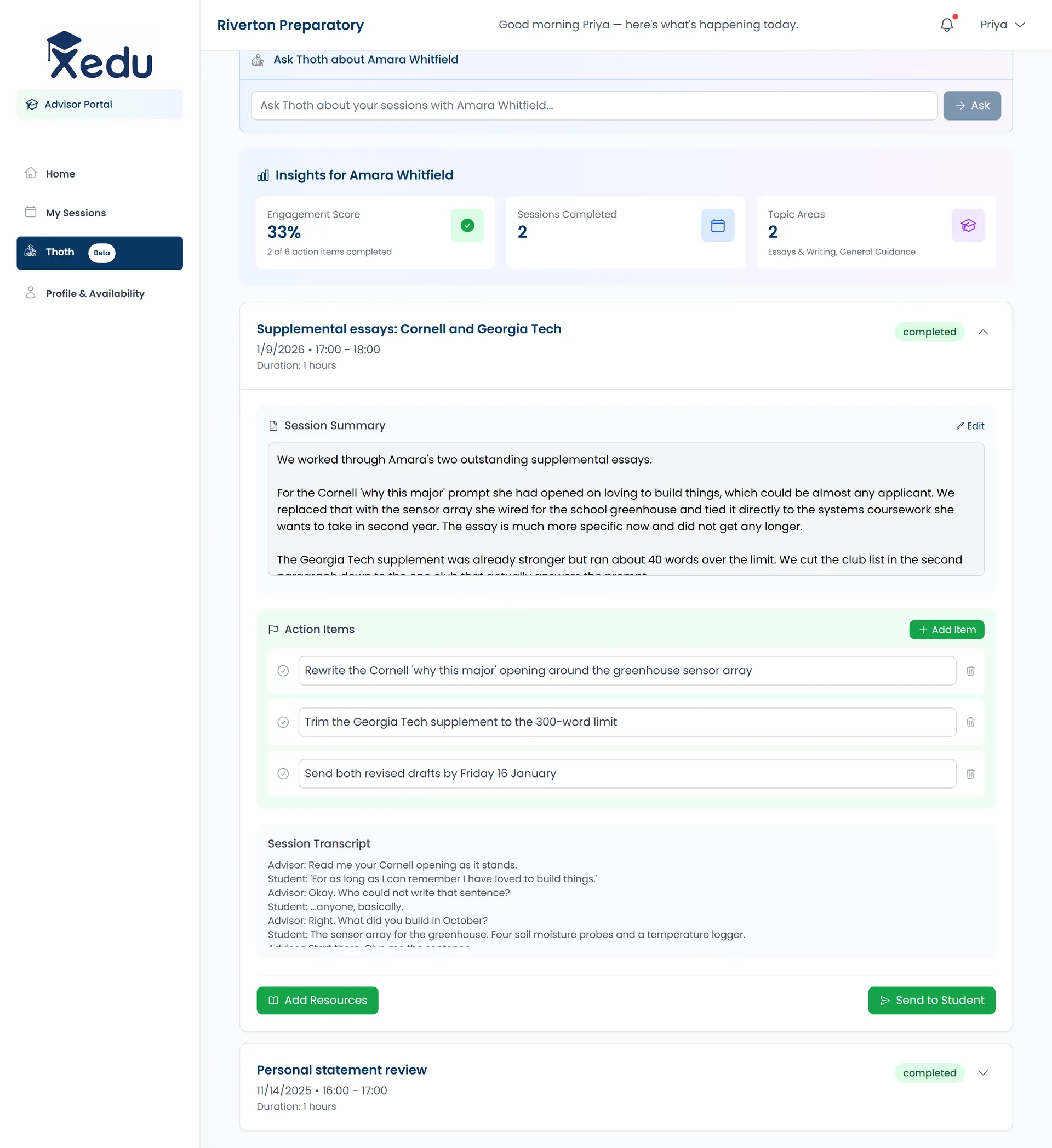 Advisor view of an editable AI summary with action items, transcript, and a Send to Student button