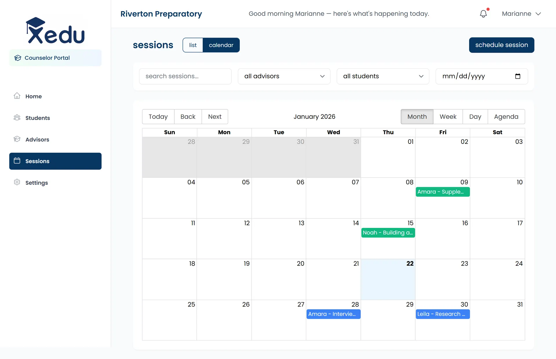 Counselor calendar view of school-wide sessions with advisor, student, and date filters