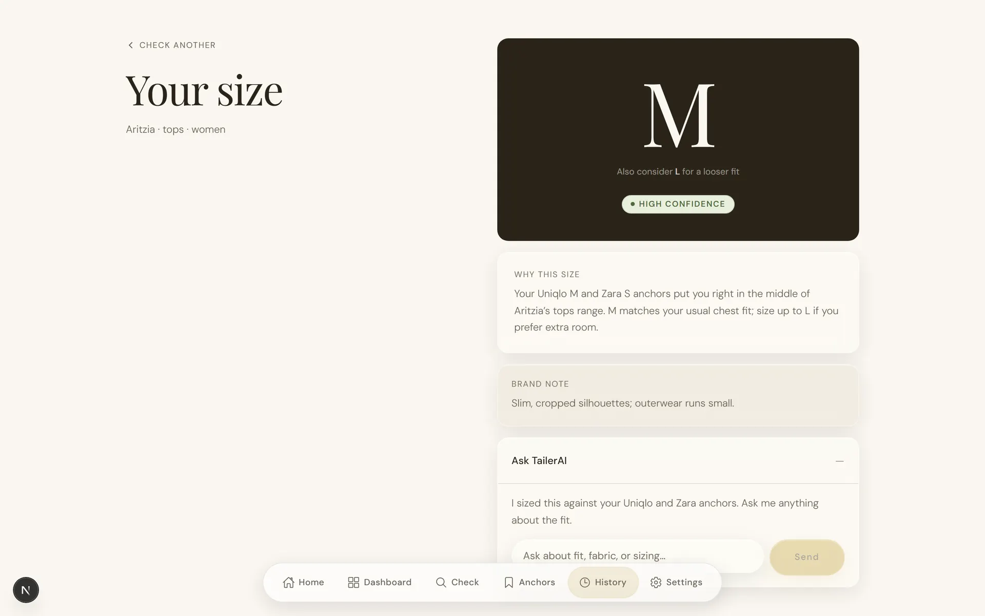 Recommendation result showing size M in display type with a confidence badge and anchor-based explanation