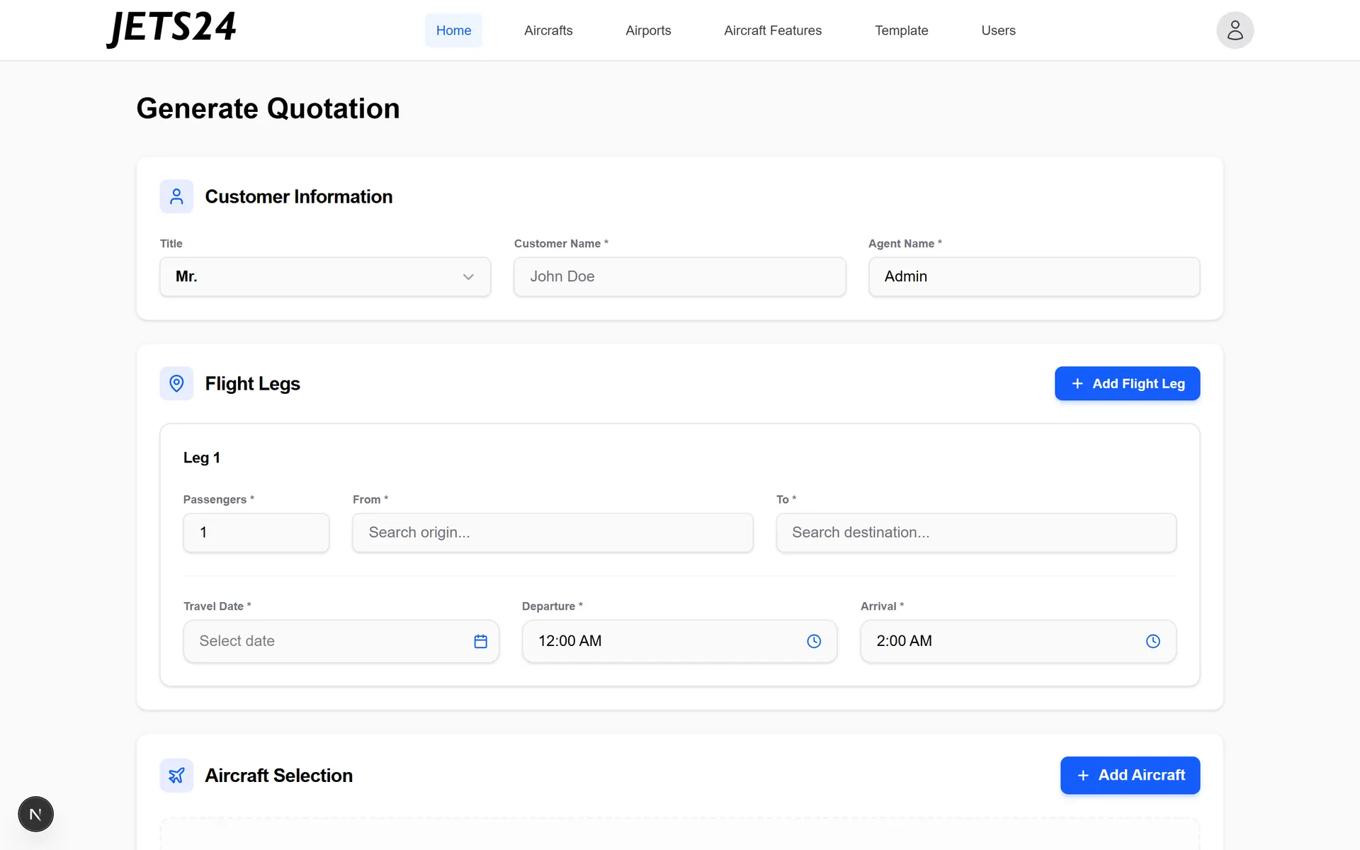 Quotation builder with customer details and a leg-by-leg flight itinerary form