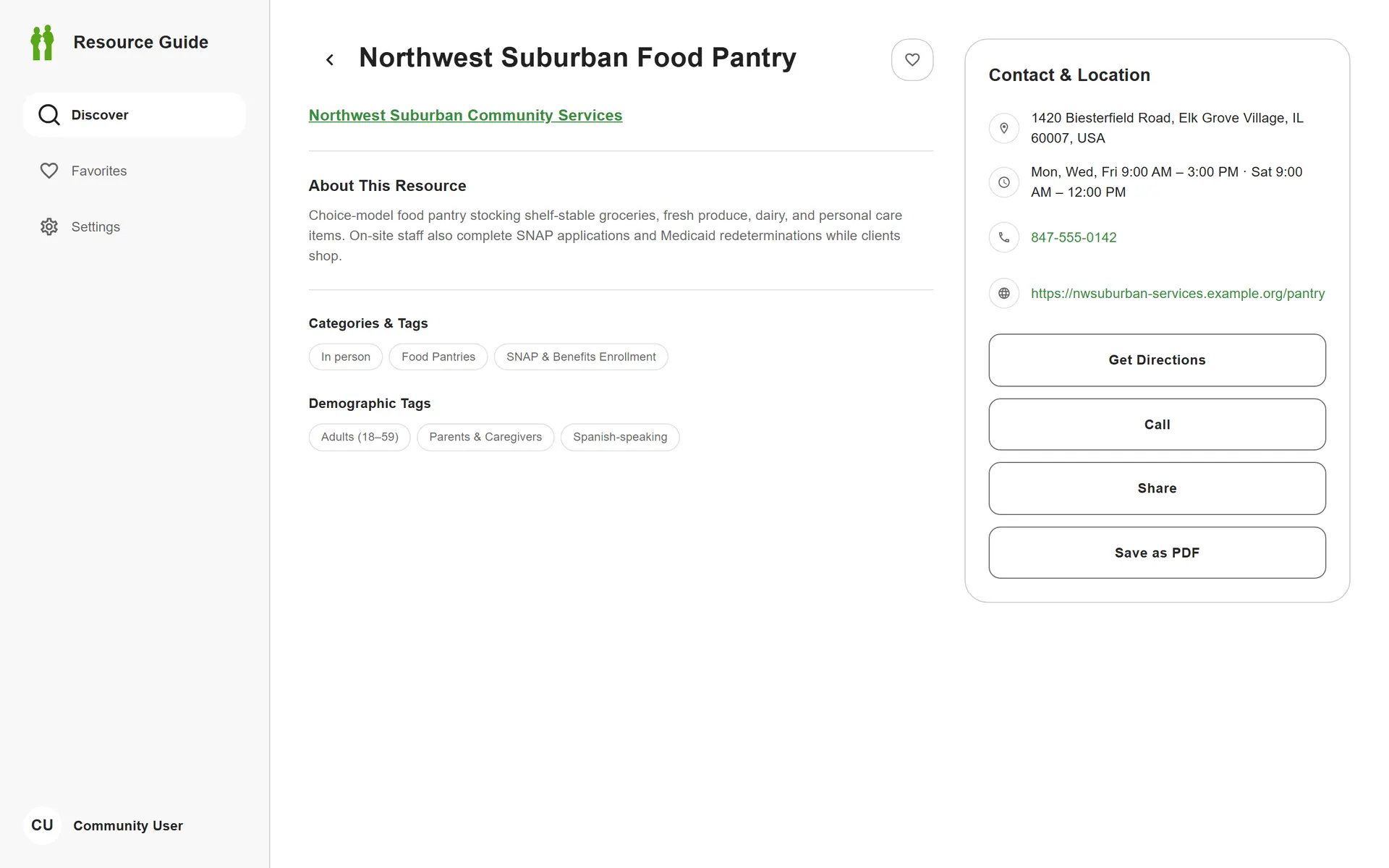 Published resource detail screen with description, tags, and a contact and location panel