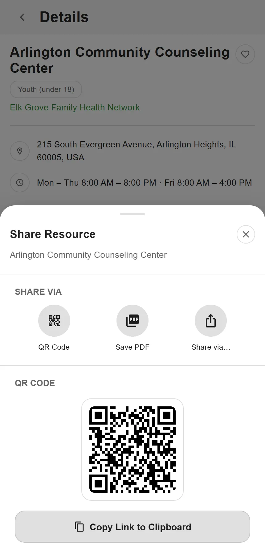Share sheet over a resource showing a QR code with Save PDF and OS-level share options