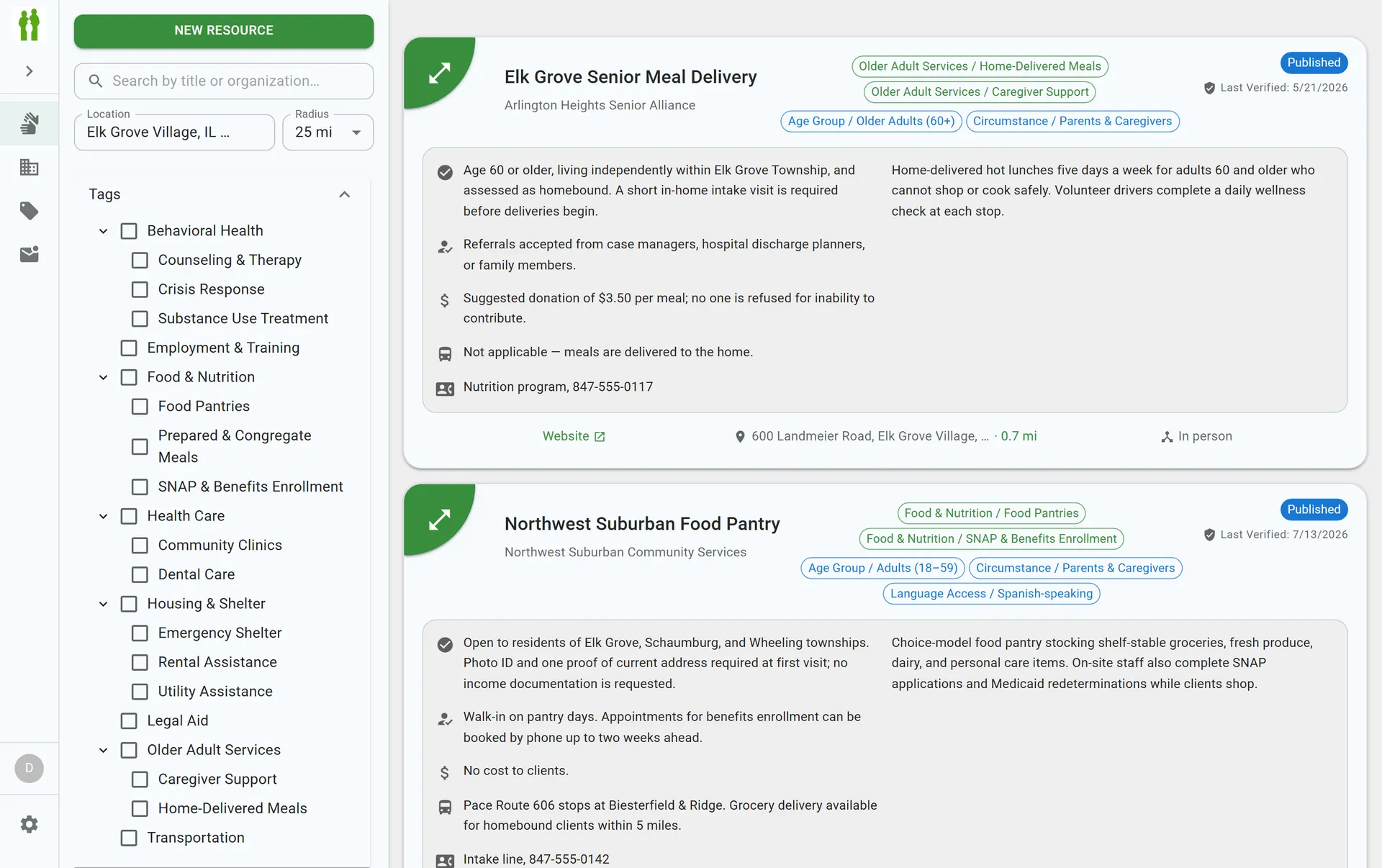 Admin editorial workspace with proximity search, radius filters, and a taxonomy checkbox tree