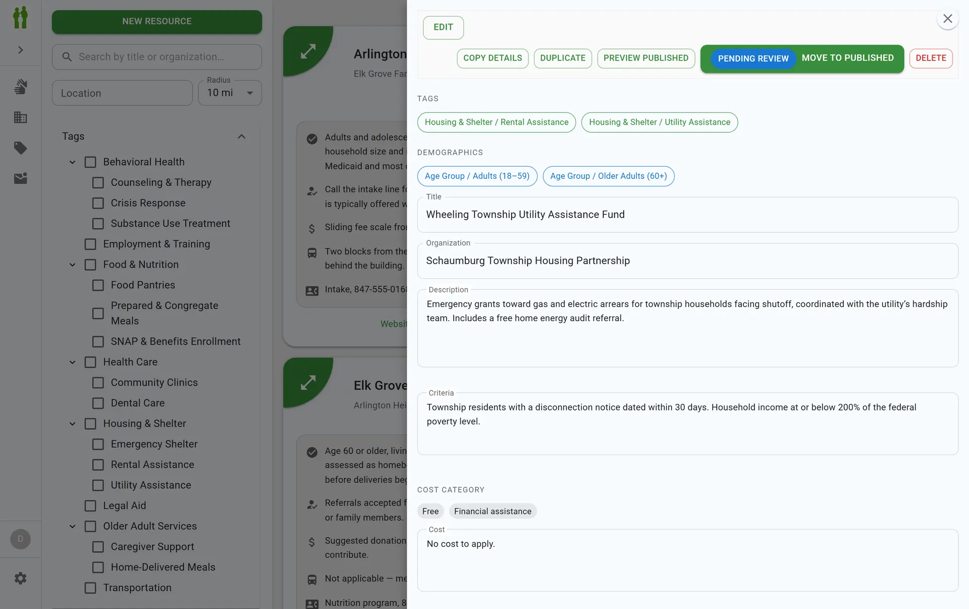 Admin record editor showing a resource in pending review with a role-gated publish transition