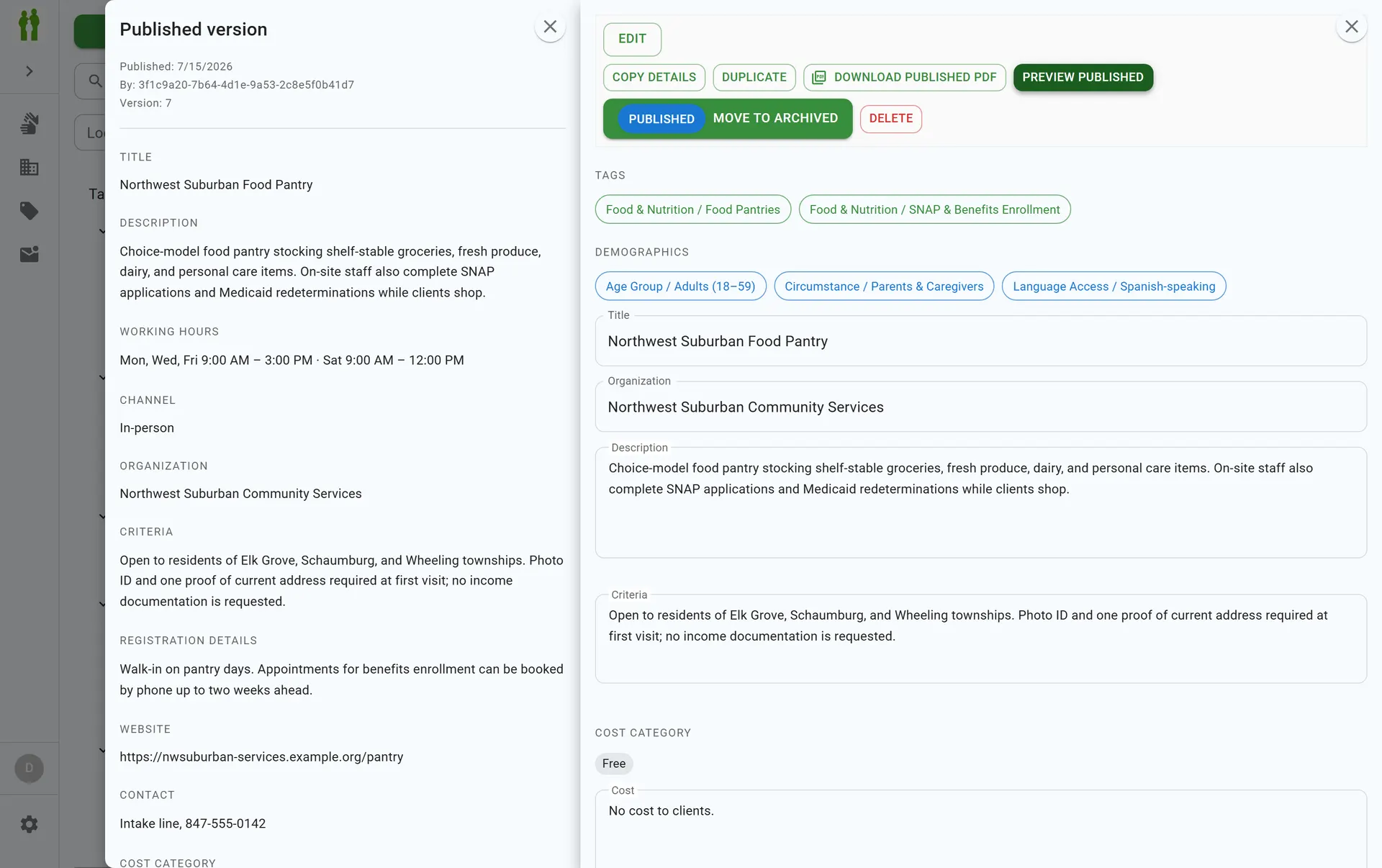 Read-only published snapshot displayed beside the editable editorial record