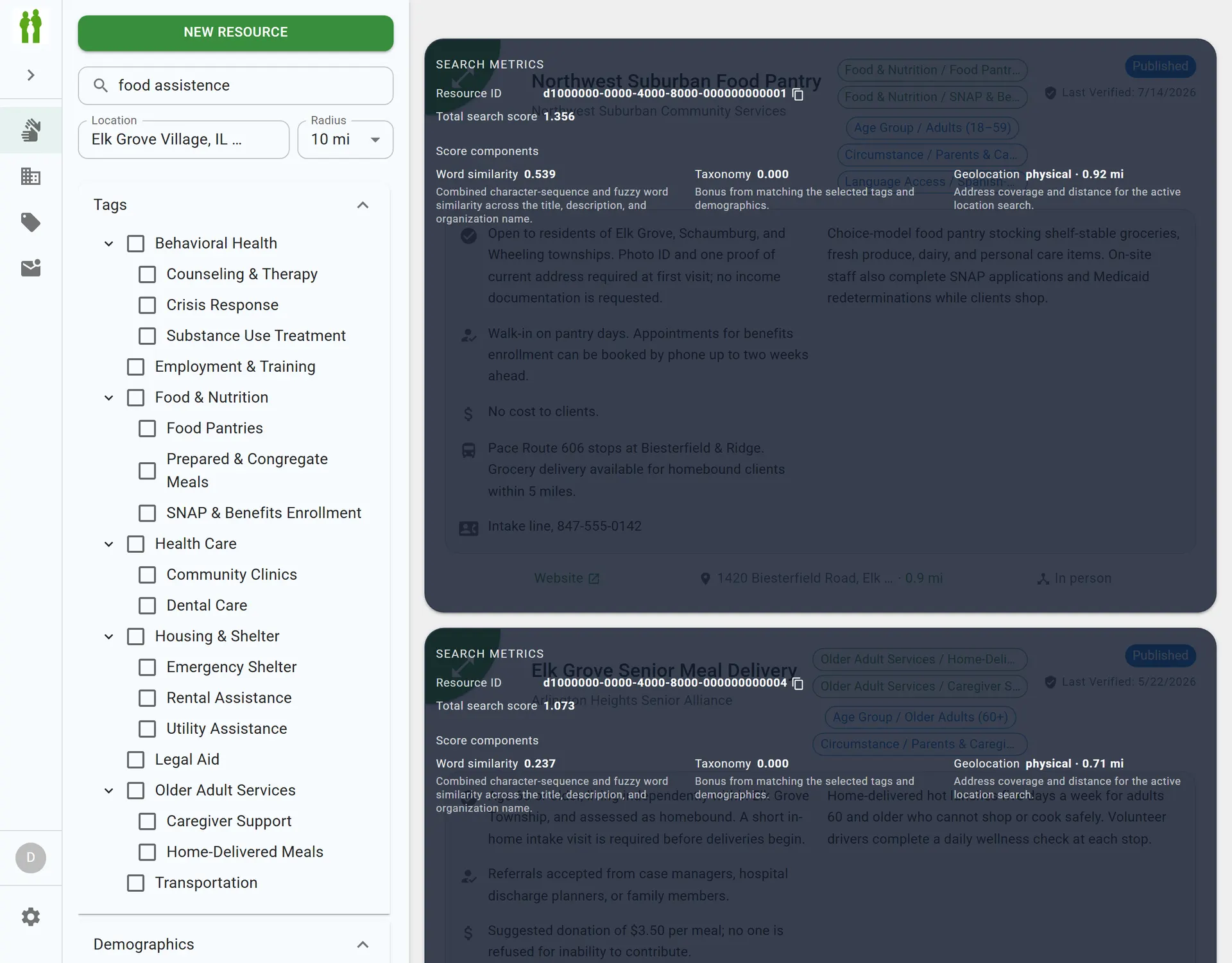 Search score-breakdown overlay showing word similarity and geolocation components for ranked results