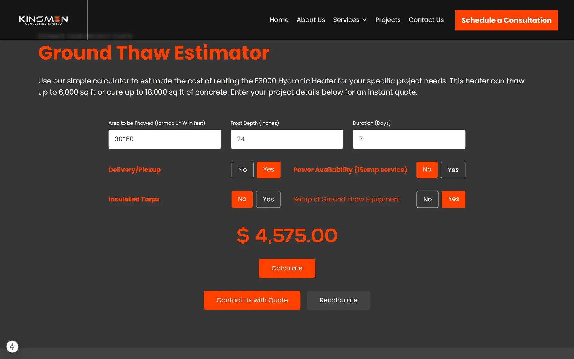 Ground Thaw Estimator with a worked rental quote example