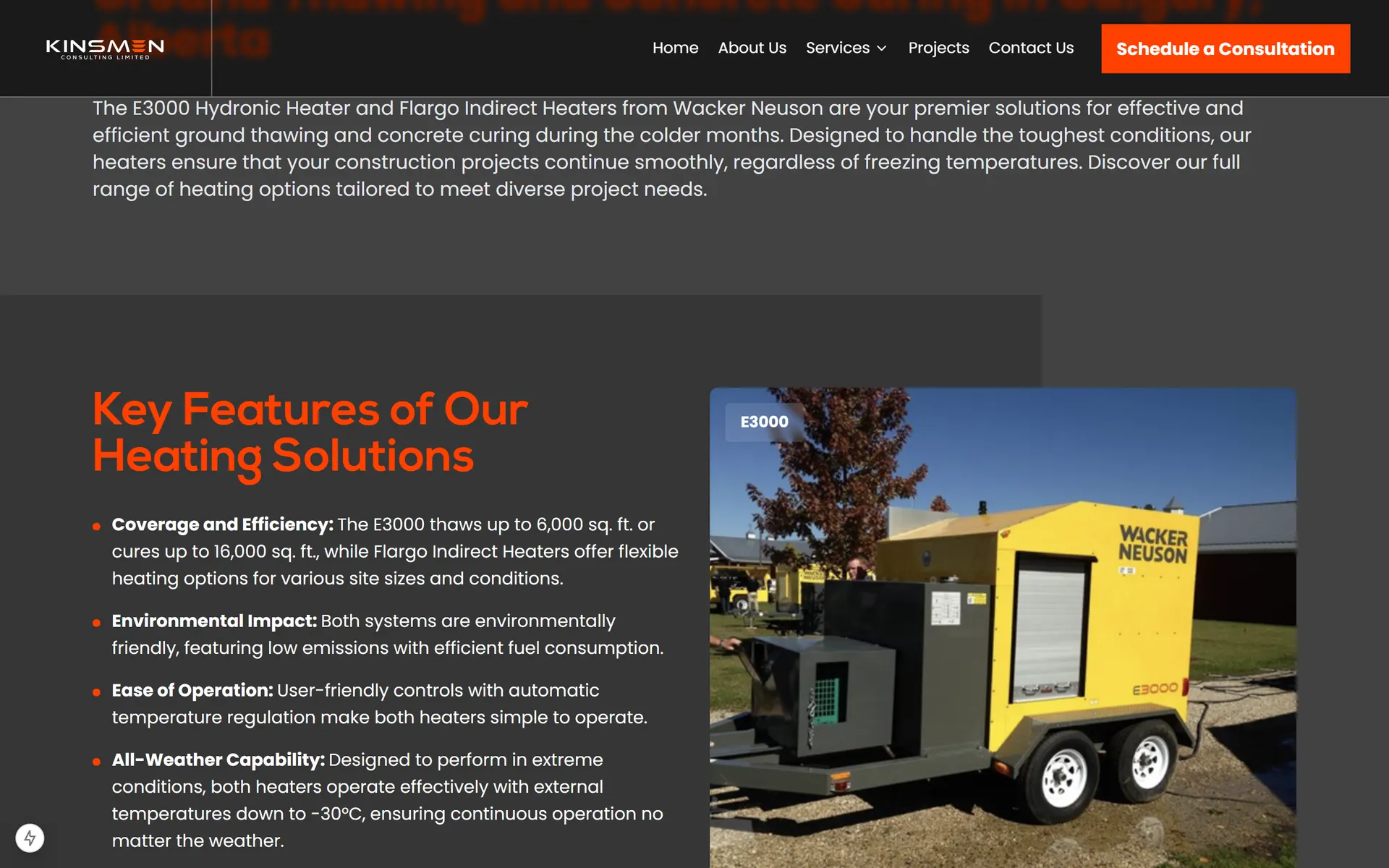 E3000 landing page feature list beside a photo of the heater trailer unit