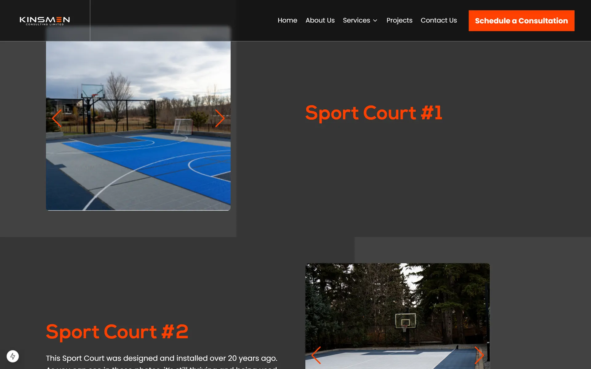 Projects page with alternating split layouts and photo carousels