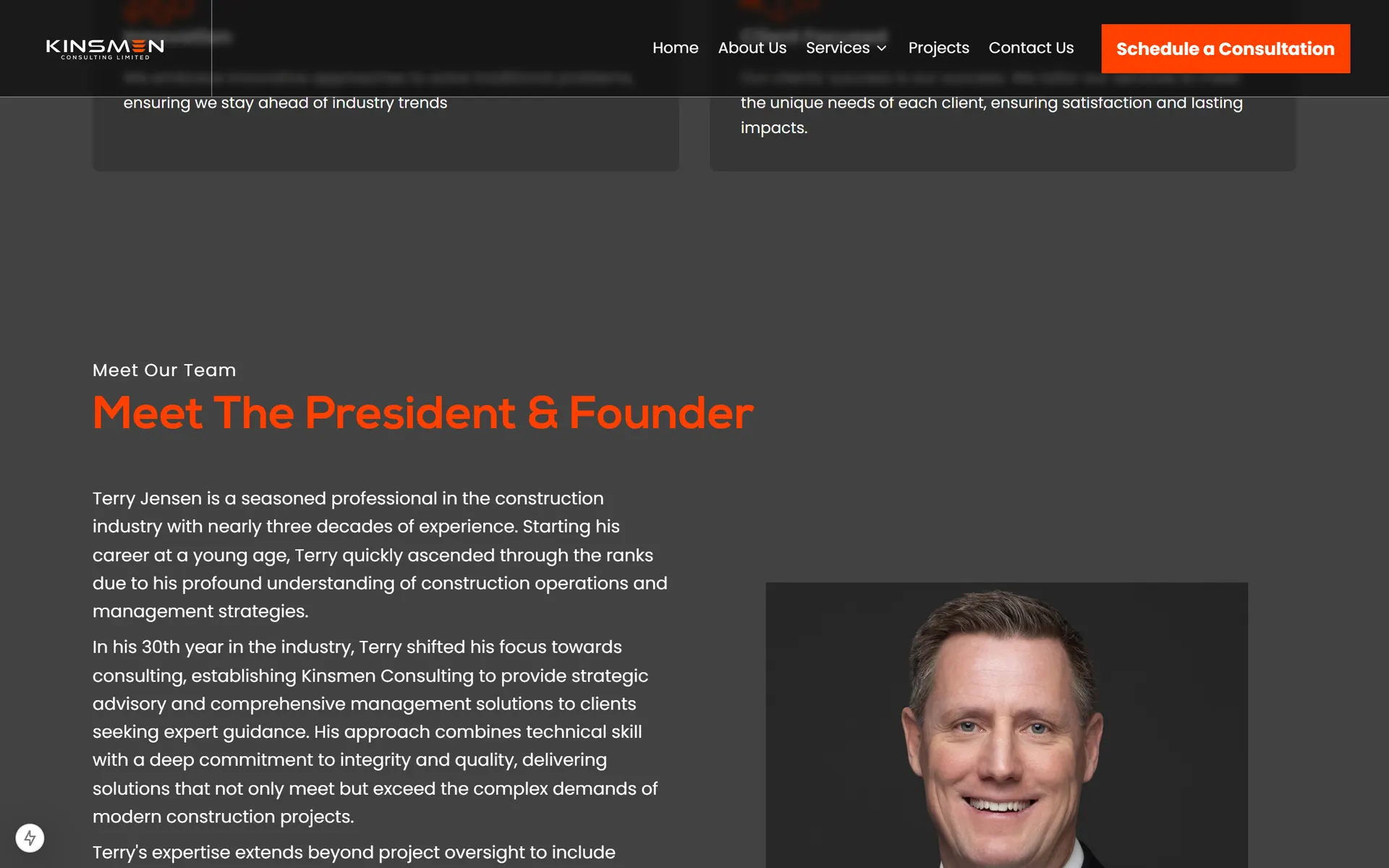 About page profile of the firm's president and founder