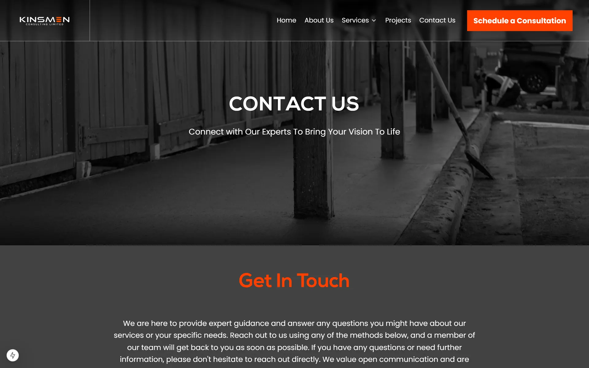 Contact page with greyscale concrete-work hero and inquiry form