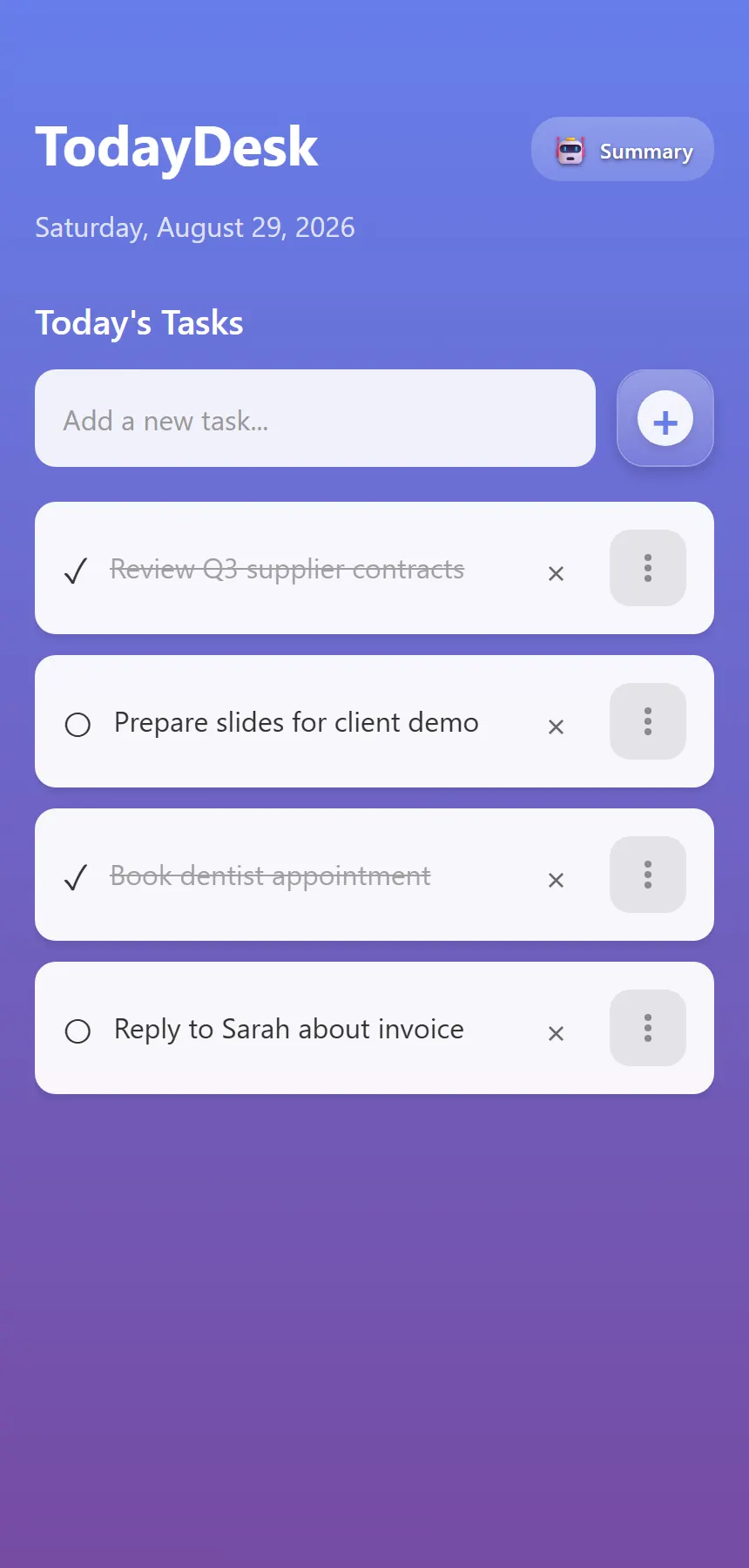 Home screen showing the dated Today's Tasks list with completed and open tasks