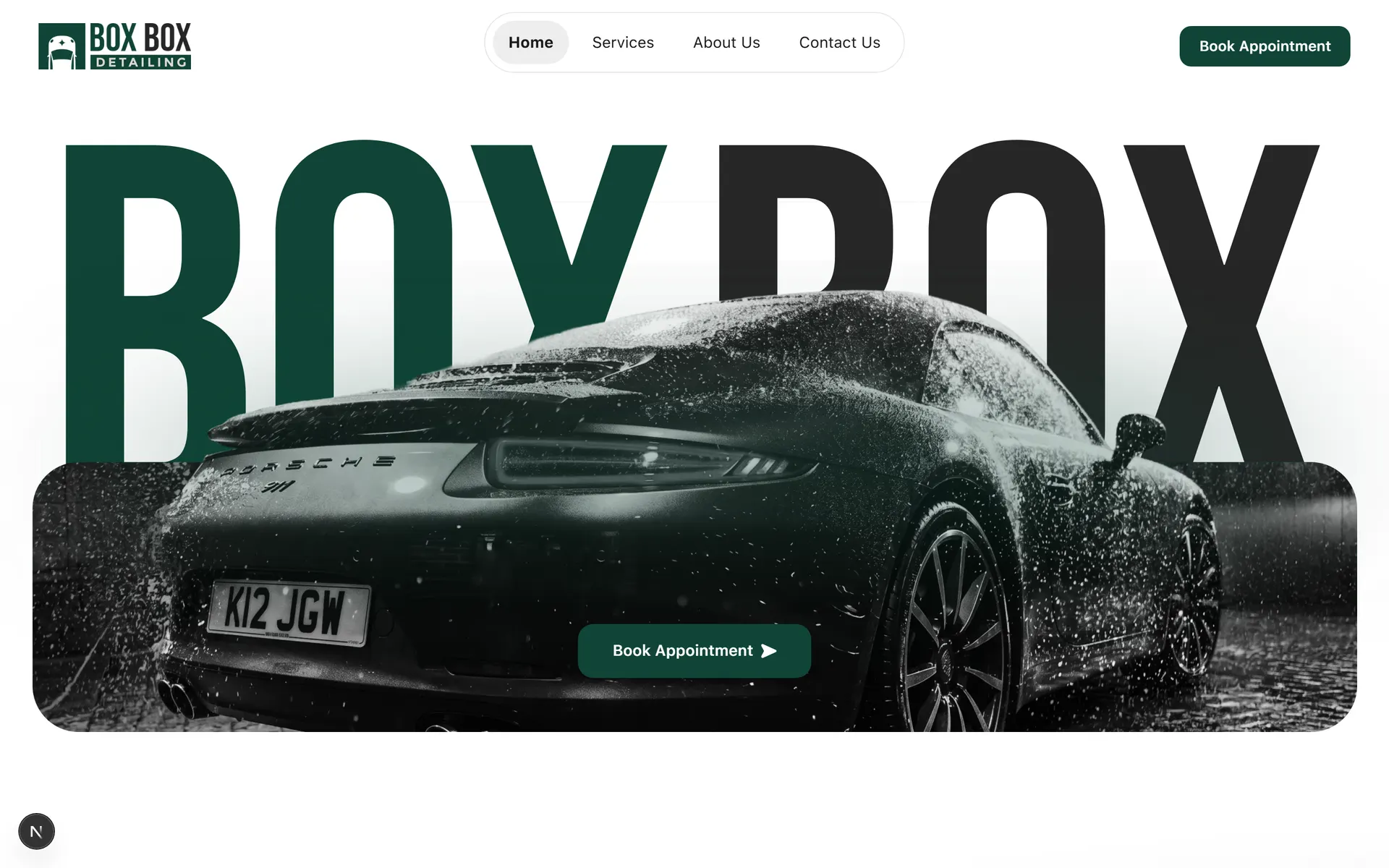 Home page with oversized display type over hero photography of a freshly washed Porsche 911
