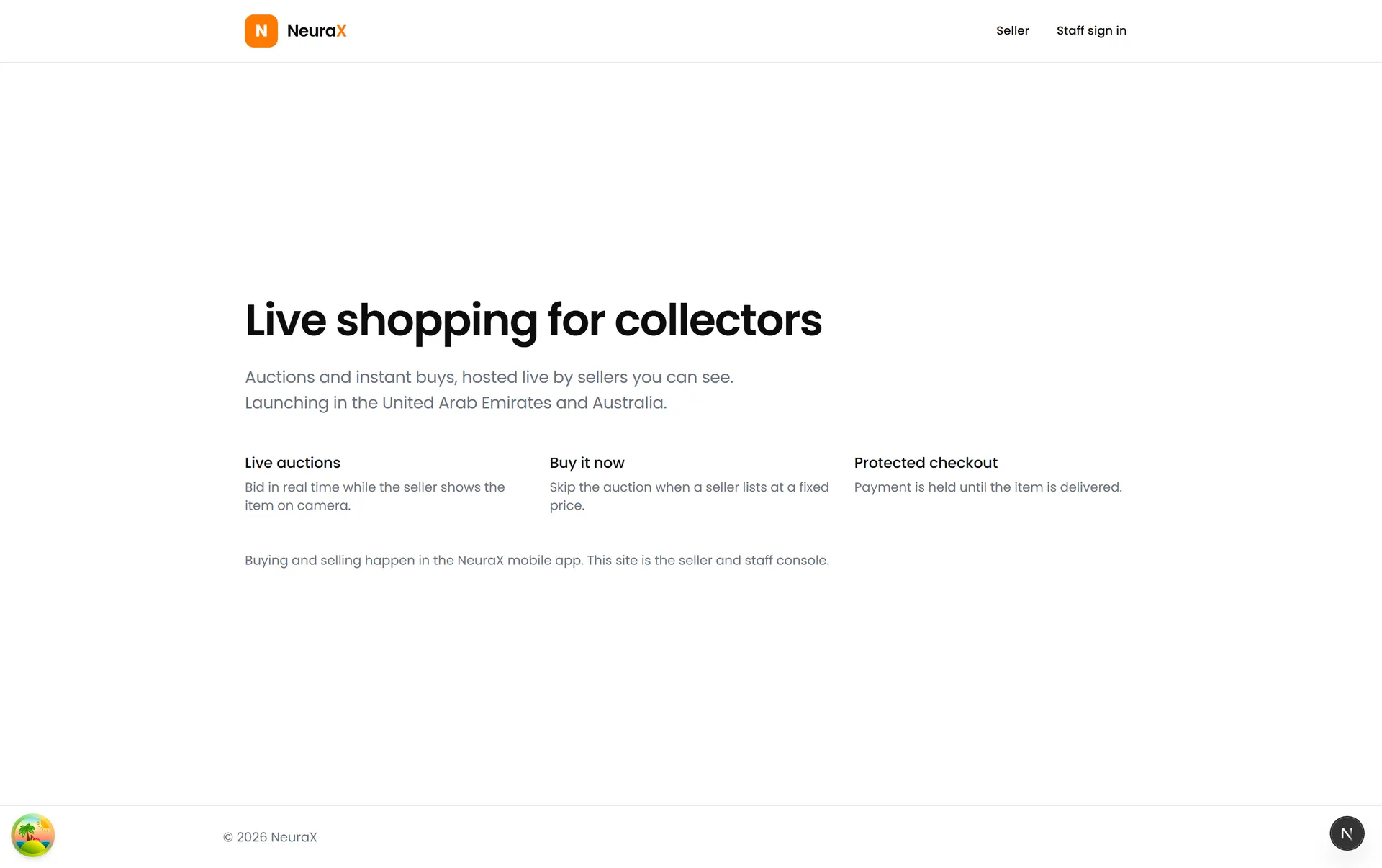 Public landing page announcing live shopping for collectors in the UAE and Australia