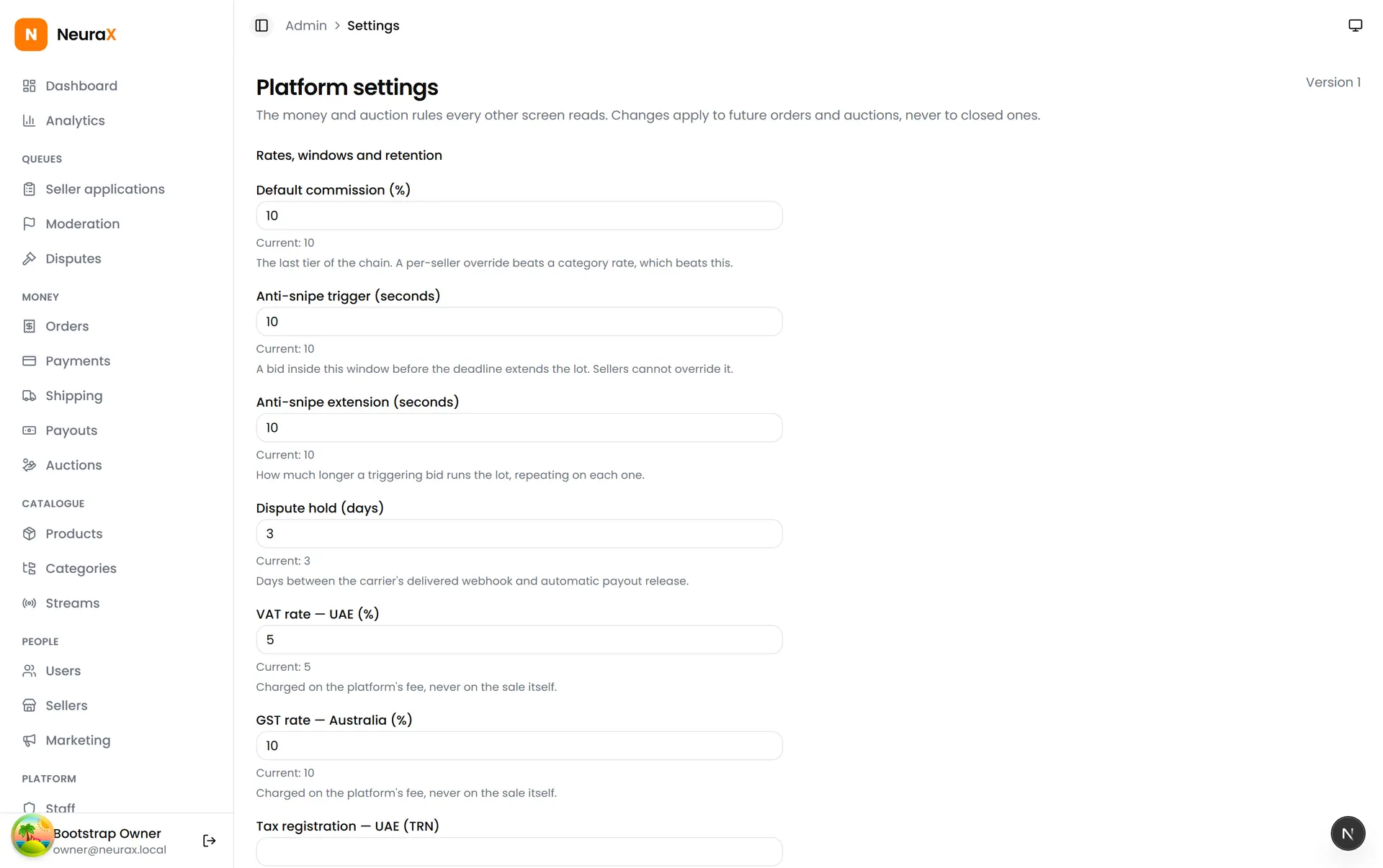 Platform settings for commission, anti-snipe, dispute hold, and per-region tax rates