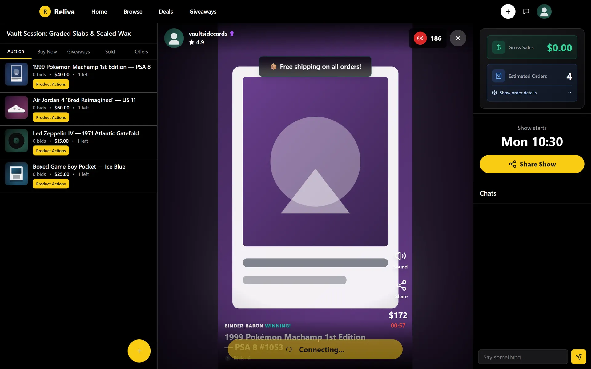 Live show screen with a running auction lot, standing bid, countdown, lot queue, and show chat