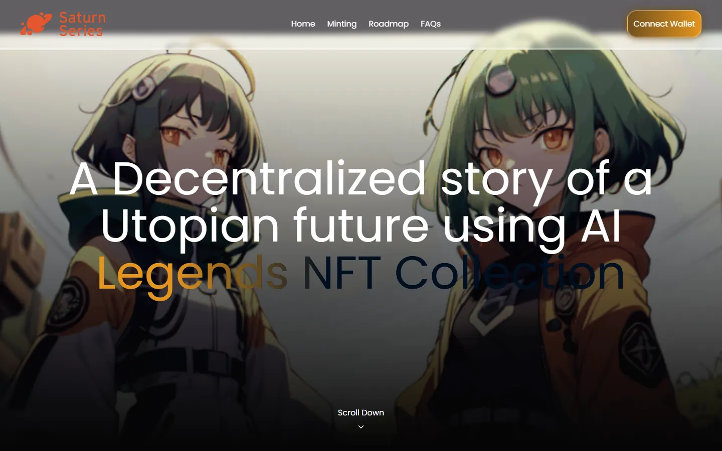 Home hero with AI-generated character artwork behind the collection headline and a branded connect wallet button