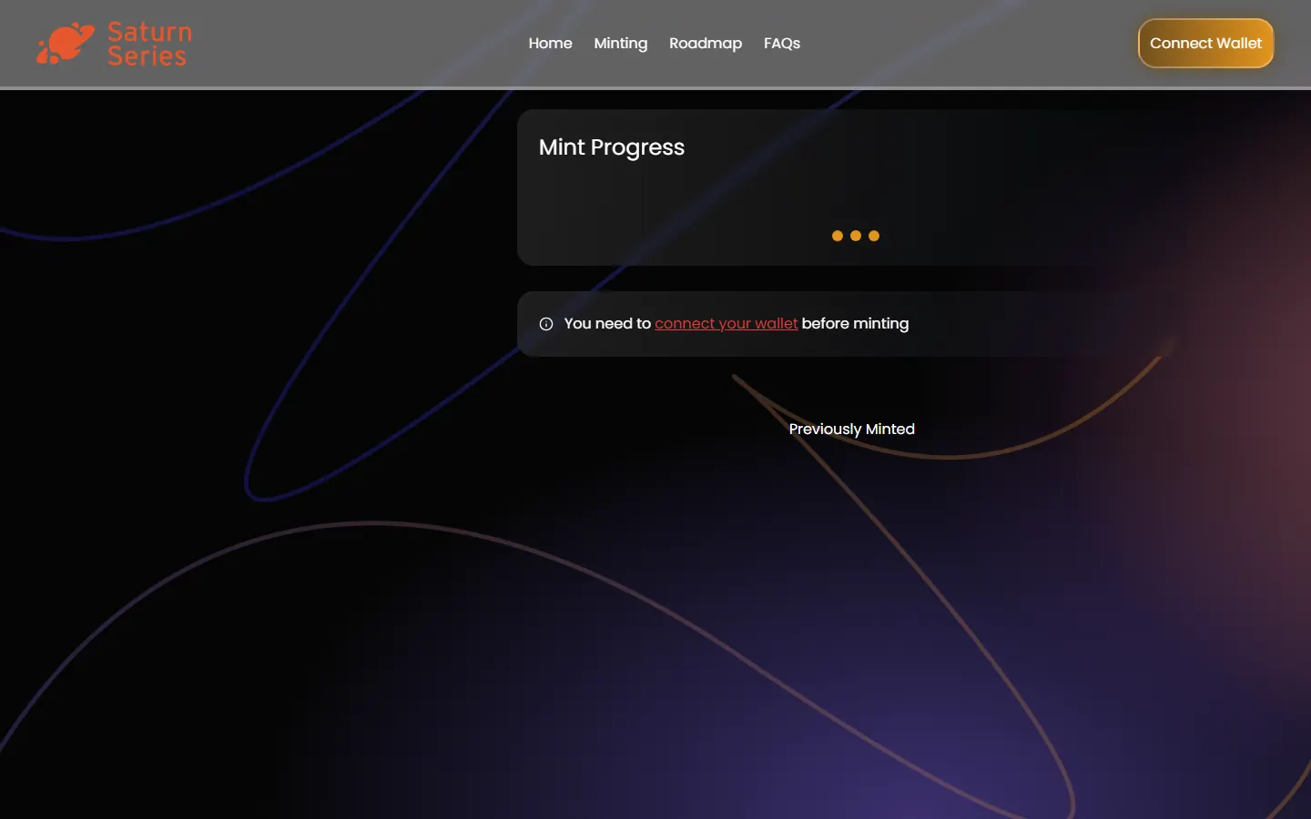 Wallet-gated mint page in its disconnected state with a connect wallet notice and mint progress card