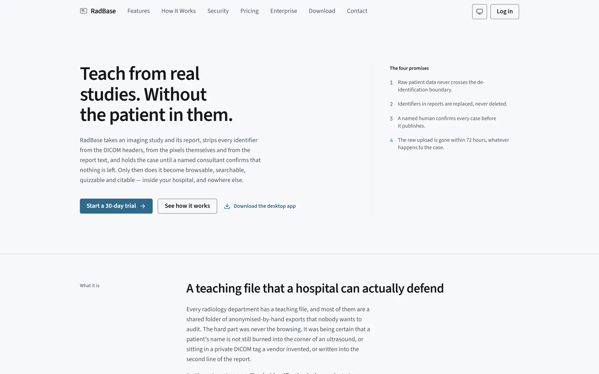 Radbase marketing home page headline beside its four stated privacy promises