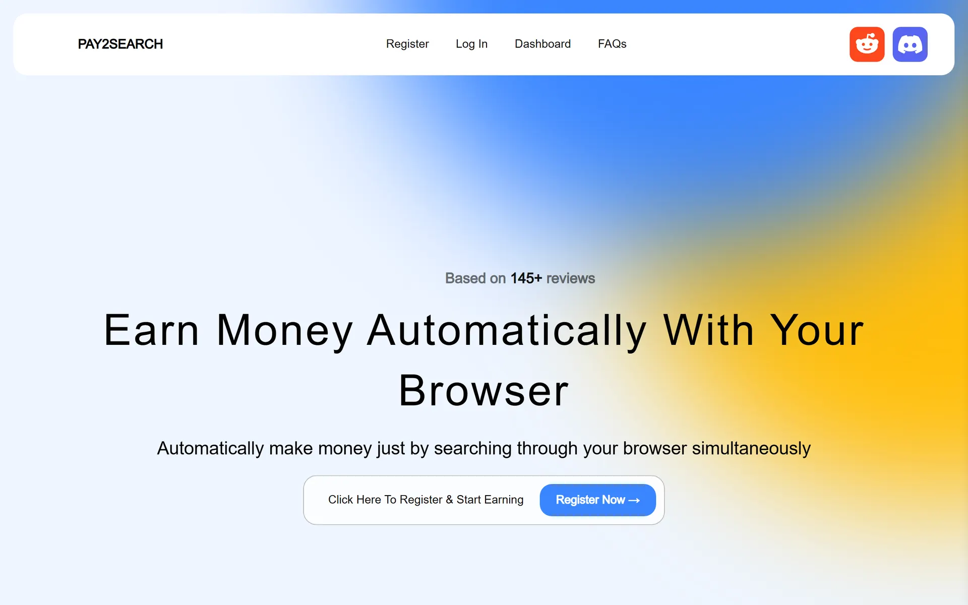 Landing hero on a blue-to-gold gradient with the headline Earn Money Automatically With Your Browser