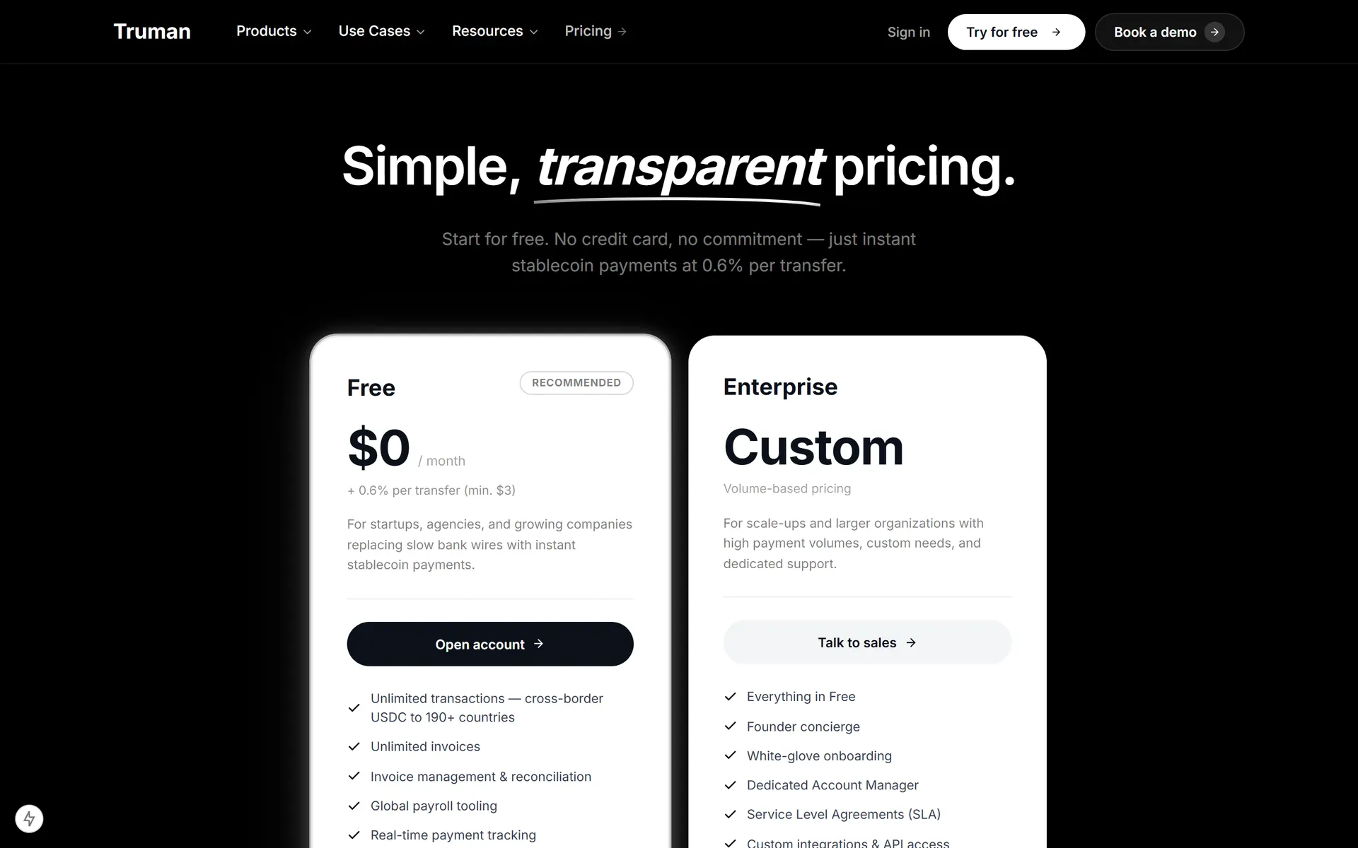 Two-tier pricing page showing a free plan with per-transfer pricing beside an enterprise tier