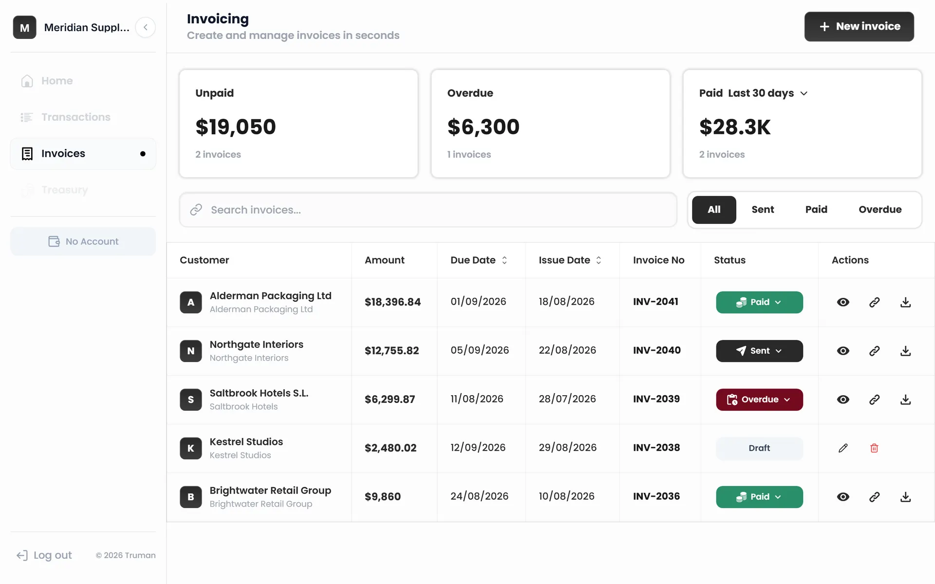Invoicing workspace with unpaid and overdue totals above a ledger of invoices