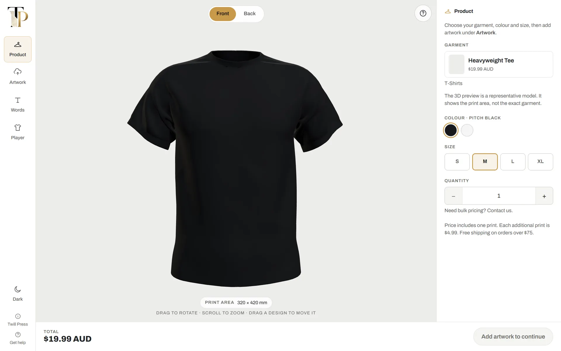Product panel with colour swatches that recolour the 3D garment and a visible size run