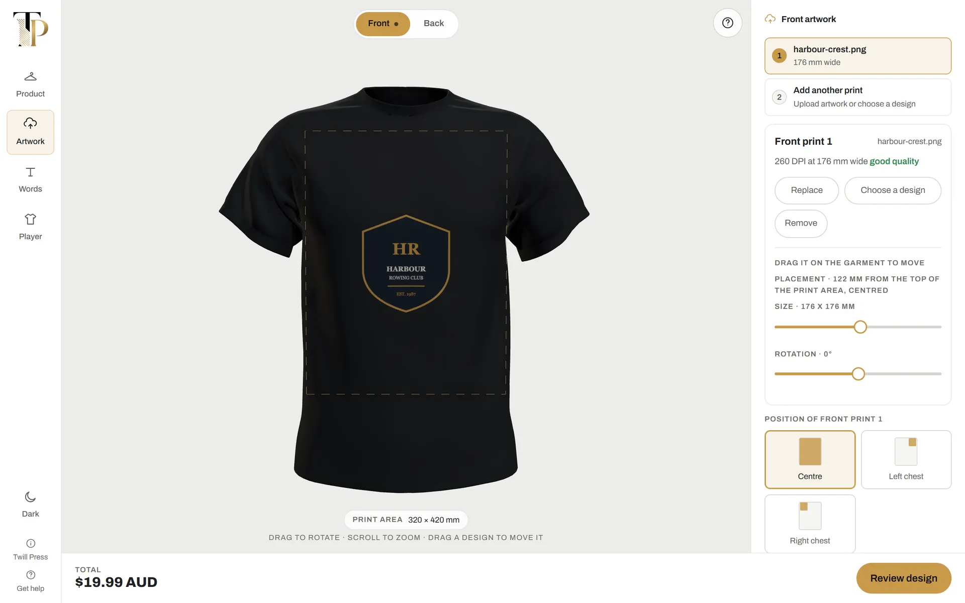 Twill Press Studio editor with a crest placed on a rotatable 3D tee inside the dashed print safe zone