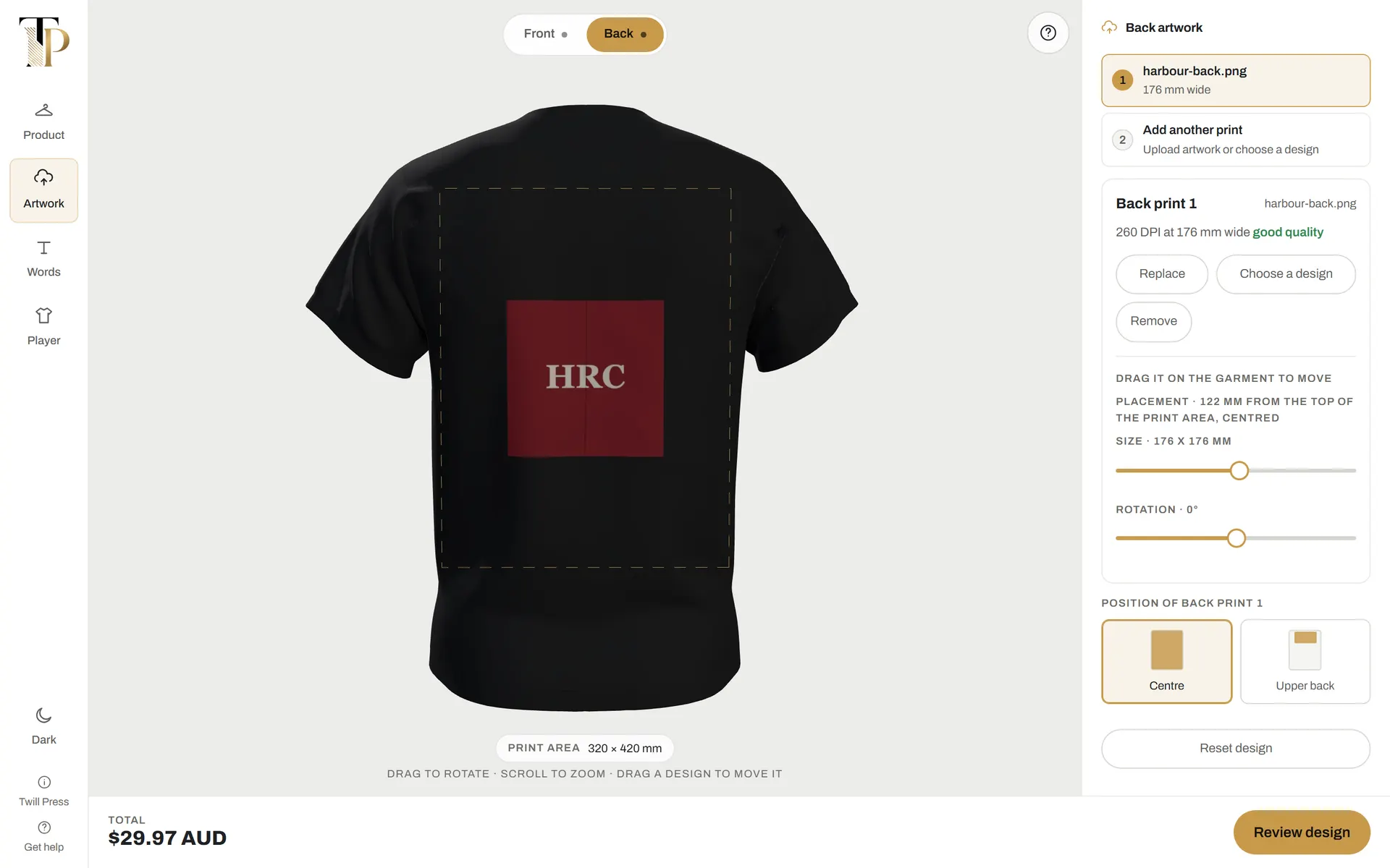 Garment rotated to its back with a second print placed and the running total updated