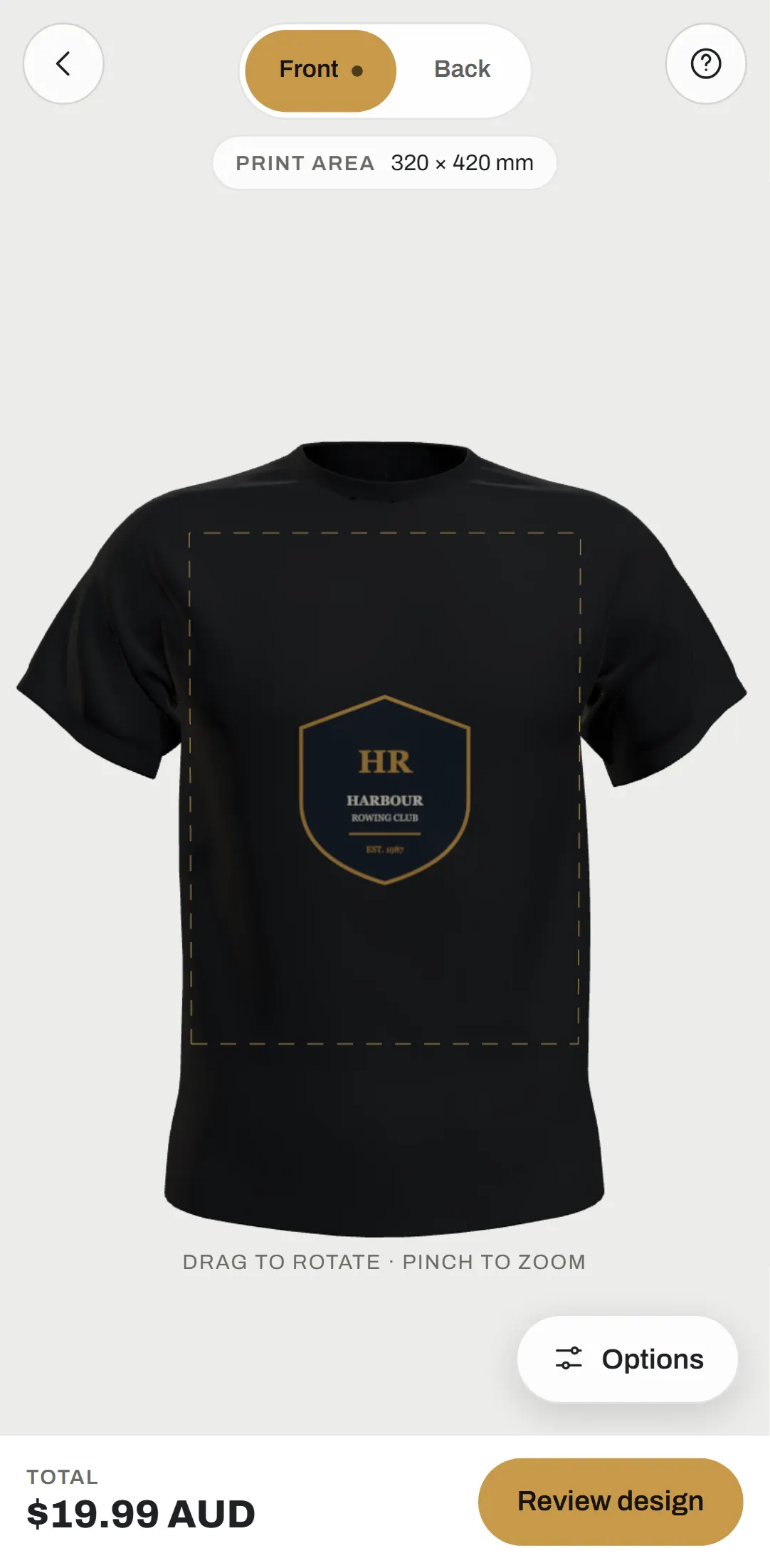 Phone editor with the crest placed inside the safe zone and the garment filling the screen