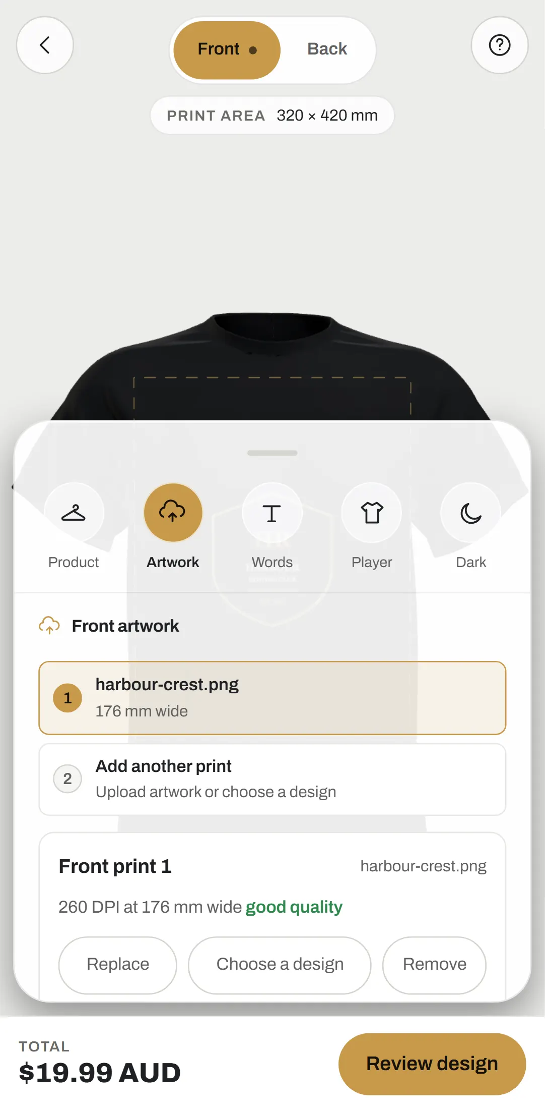 Floating options panel raised over the garment on a phone