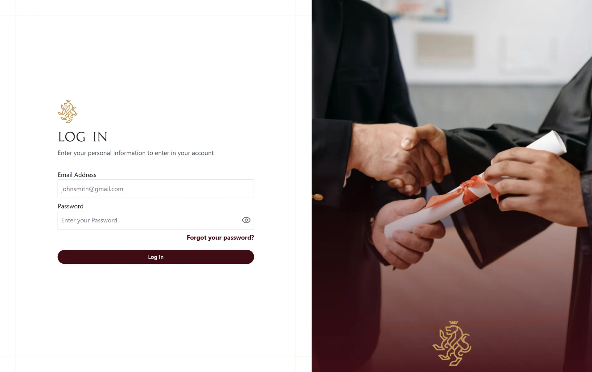 Sign-in screen with email and password fields on a split layout