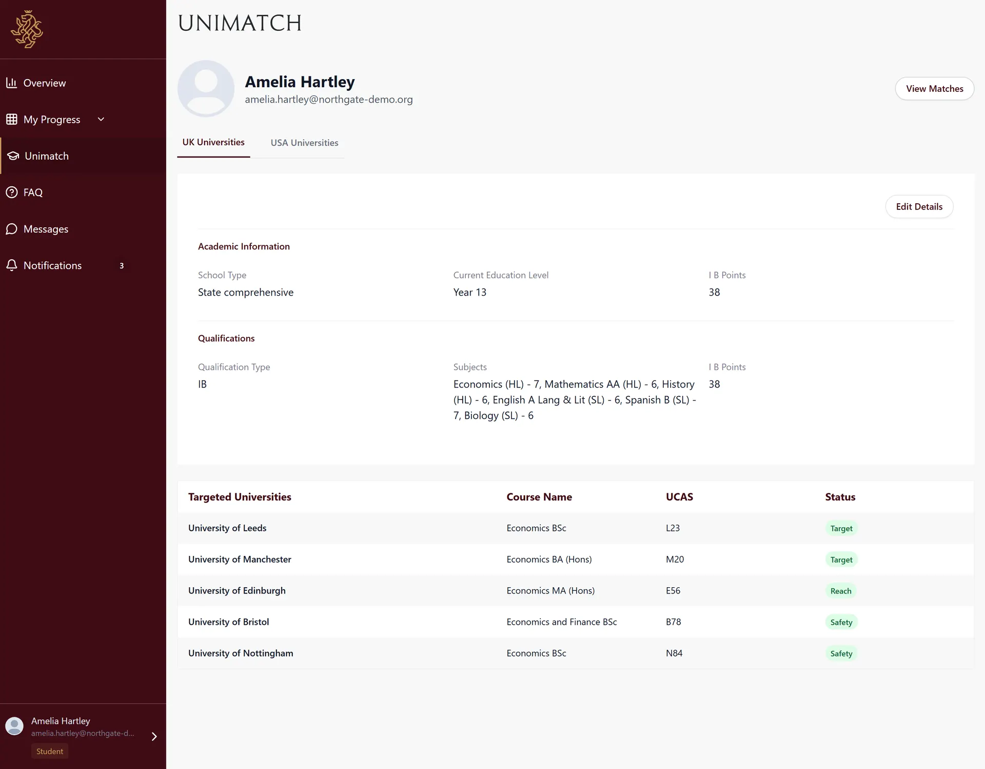 Unimatch screen showing an IB academic profile and approved UK university matches with UCAS codes