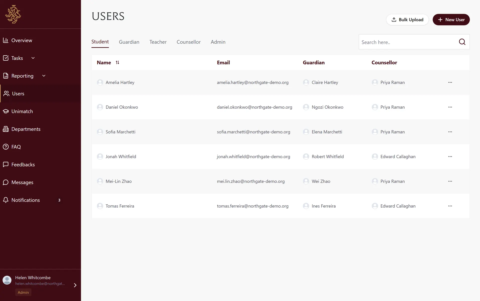 Admin user management table with role tabs and linked guardian and counsellor columns