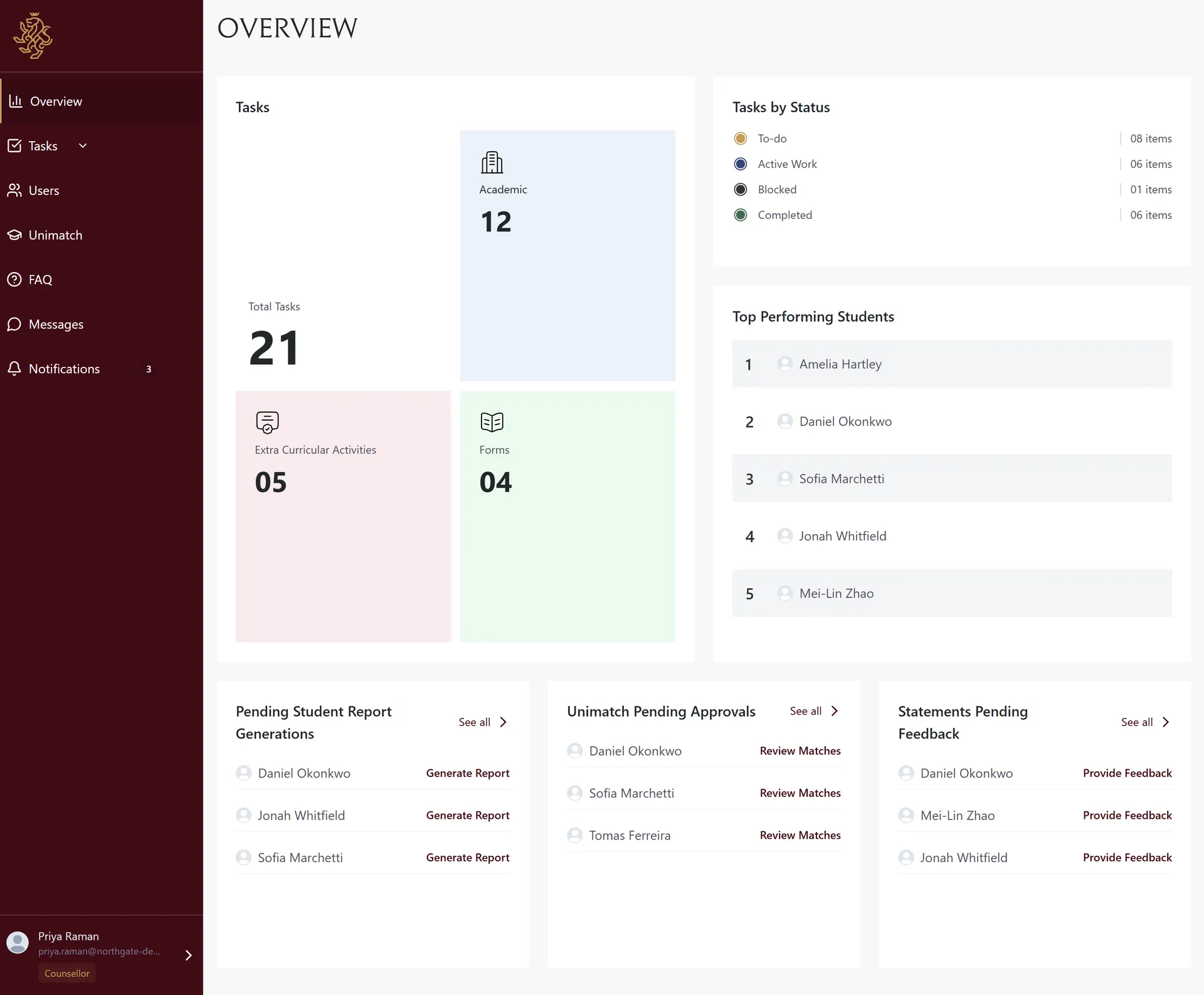 Counsellor caseload dashboard with task counts and three pending-work queues