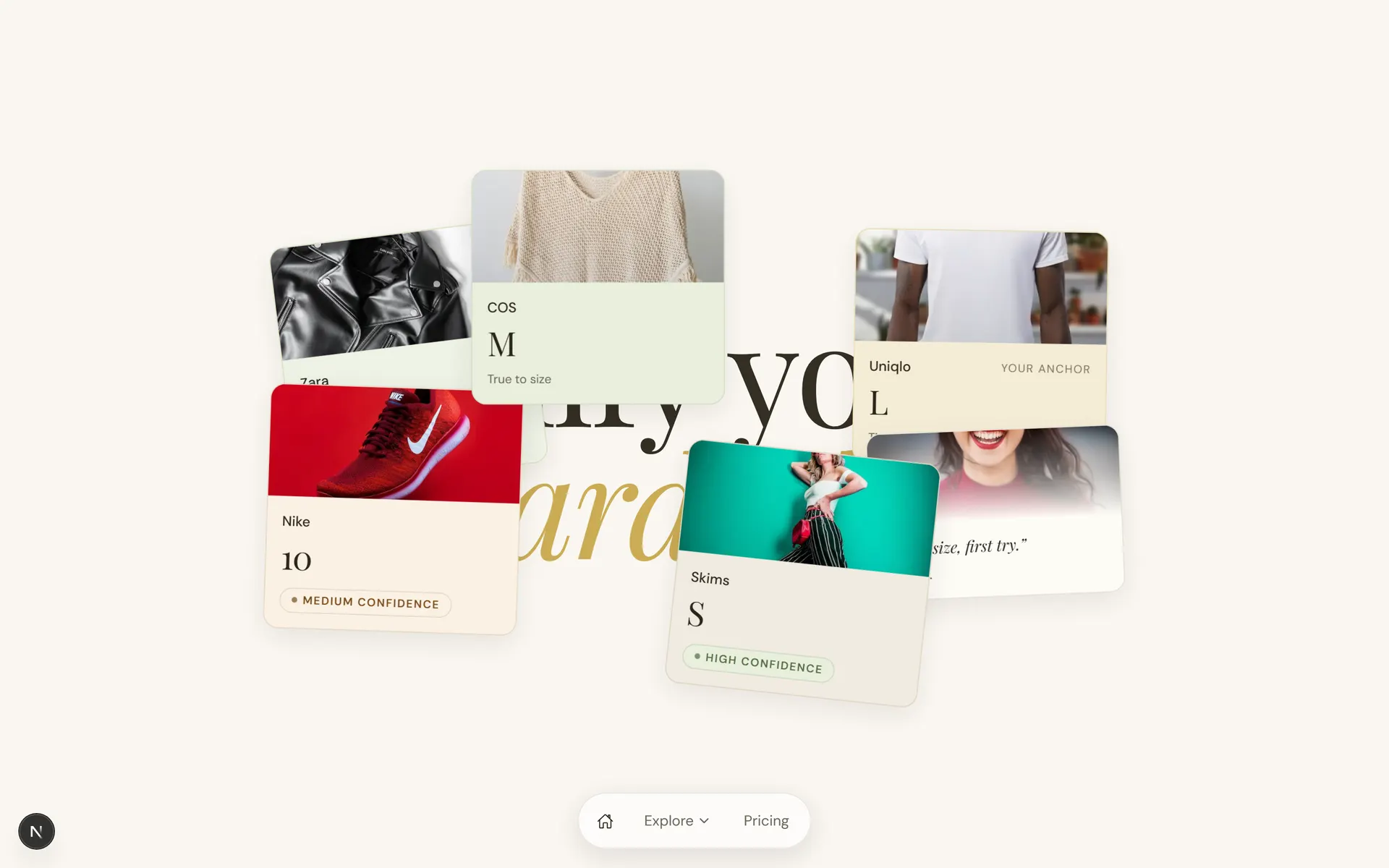 Scroll-story section with floating recommendation cards over an animated headline