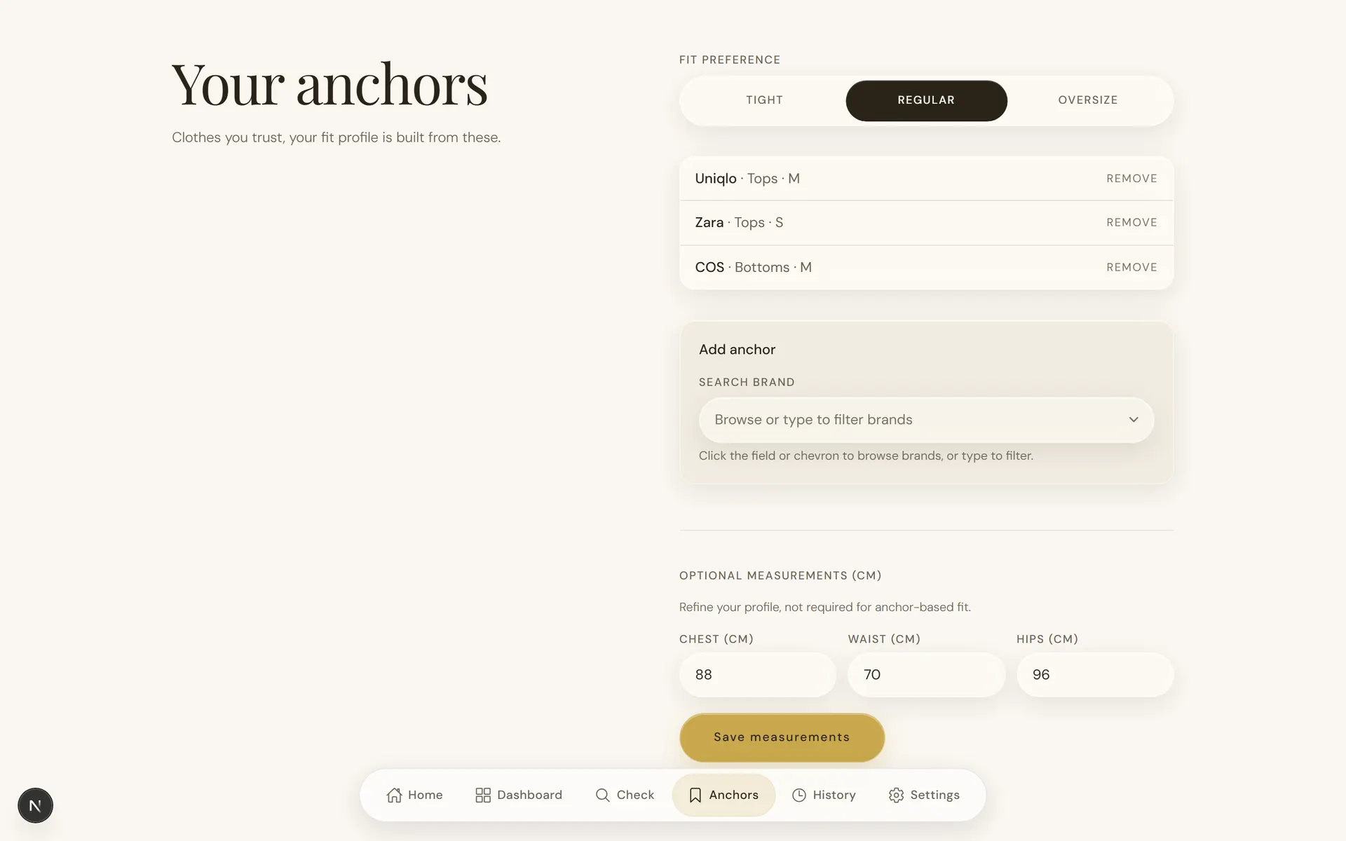 Anchor management screen with fit-preference toggle, saved anchors, and optional measurements