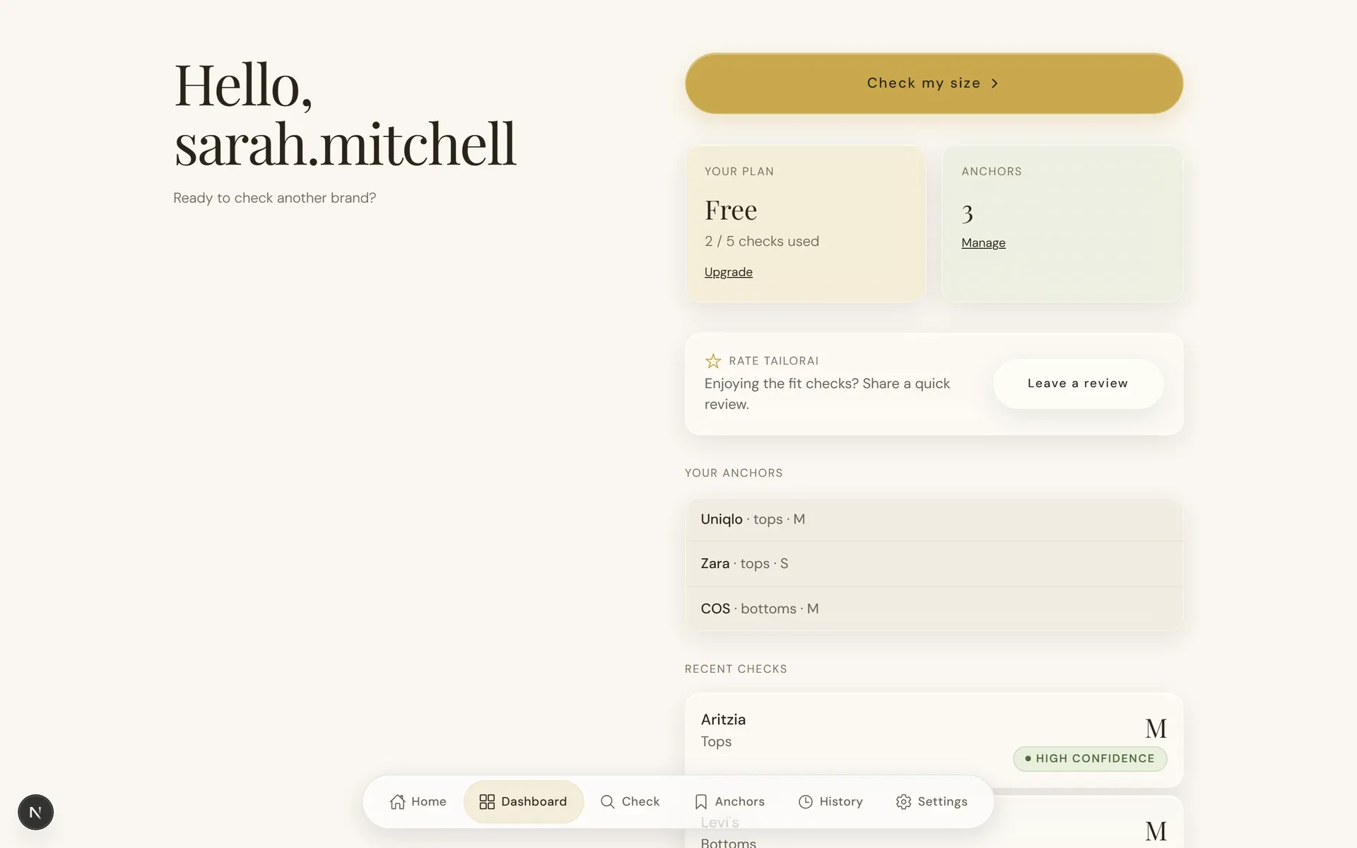 Signed-in dashboard with the check-my-size action, plan usage, and recent checks