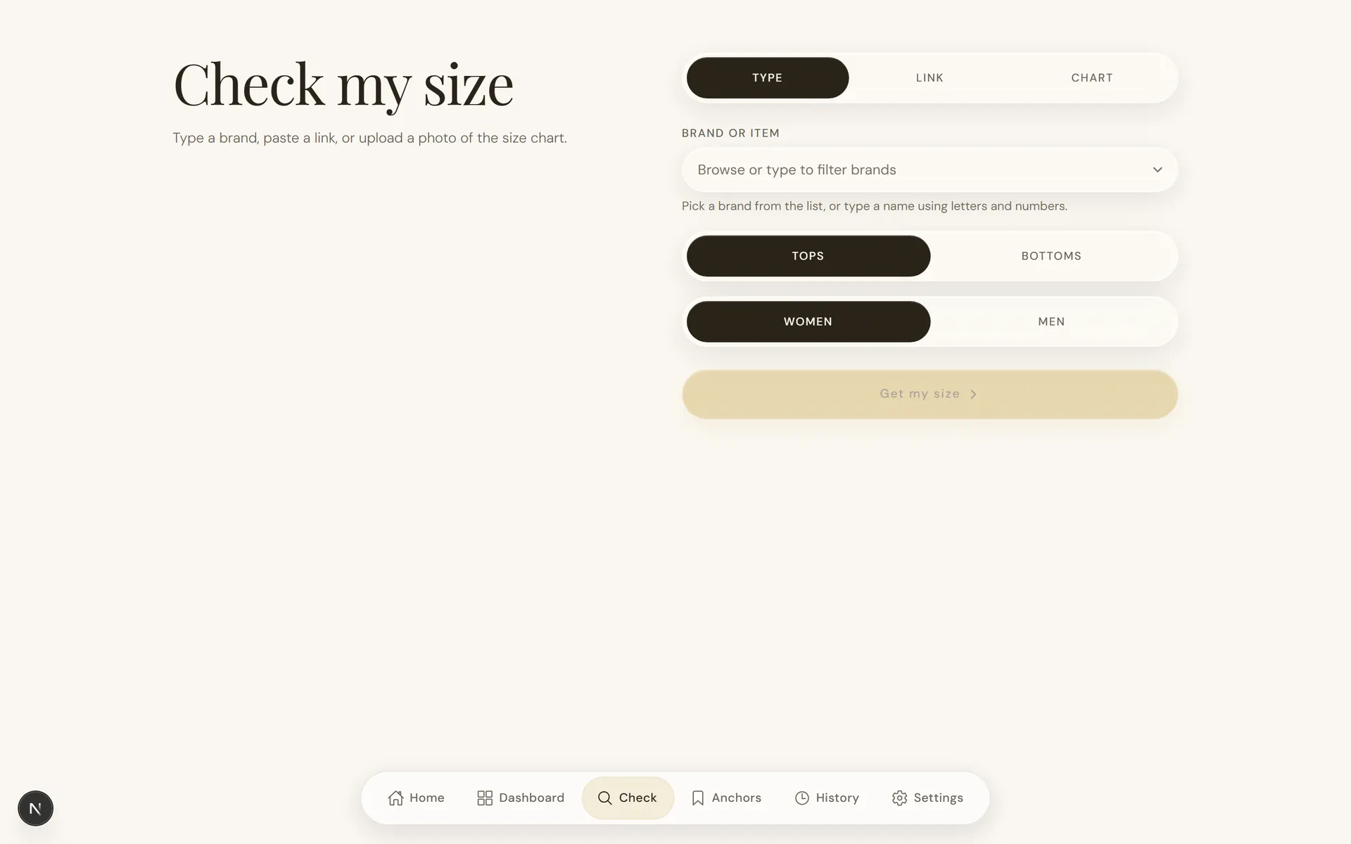 Size check screen with Type, Link, and Chart input tabs