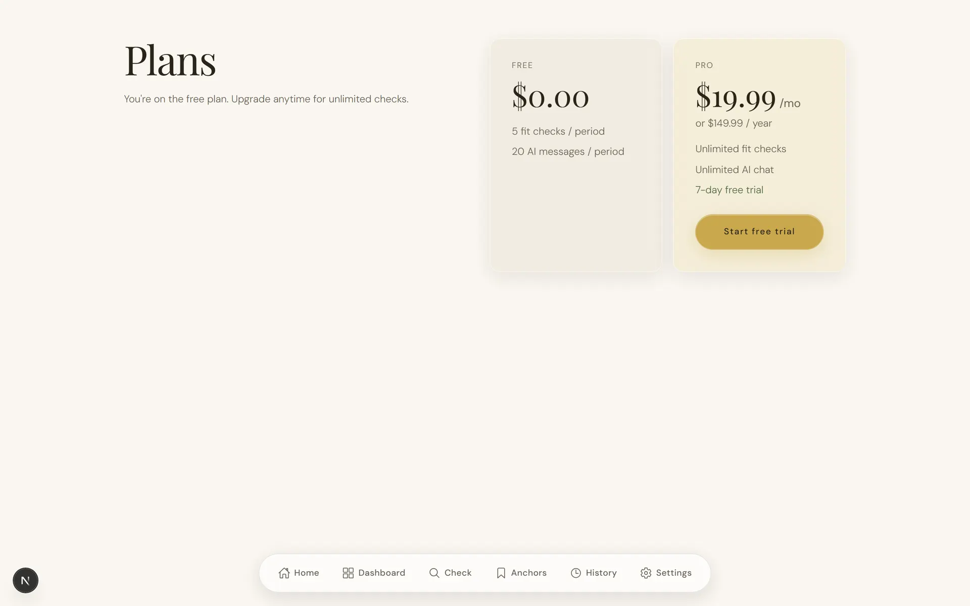 Plans page comparing the metered free plan with the Pro subscription