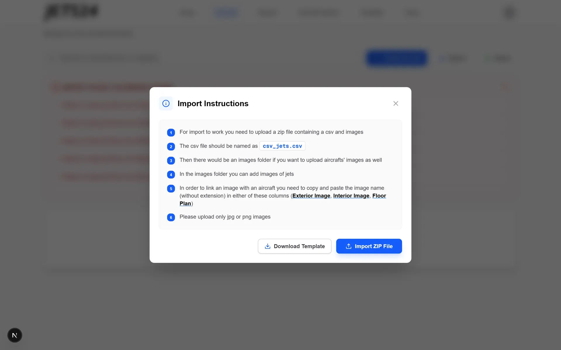Bulk import instructions modal explaining CSV naming and image folder conventions