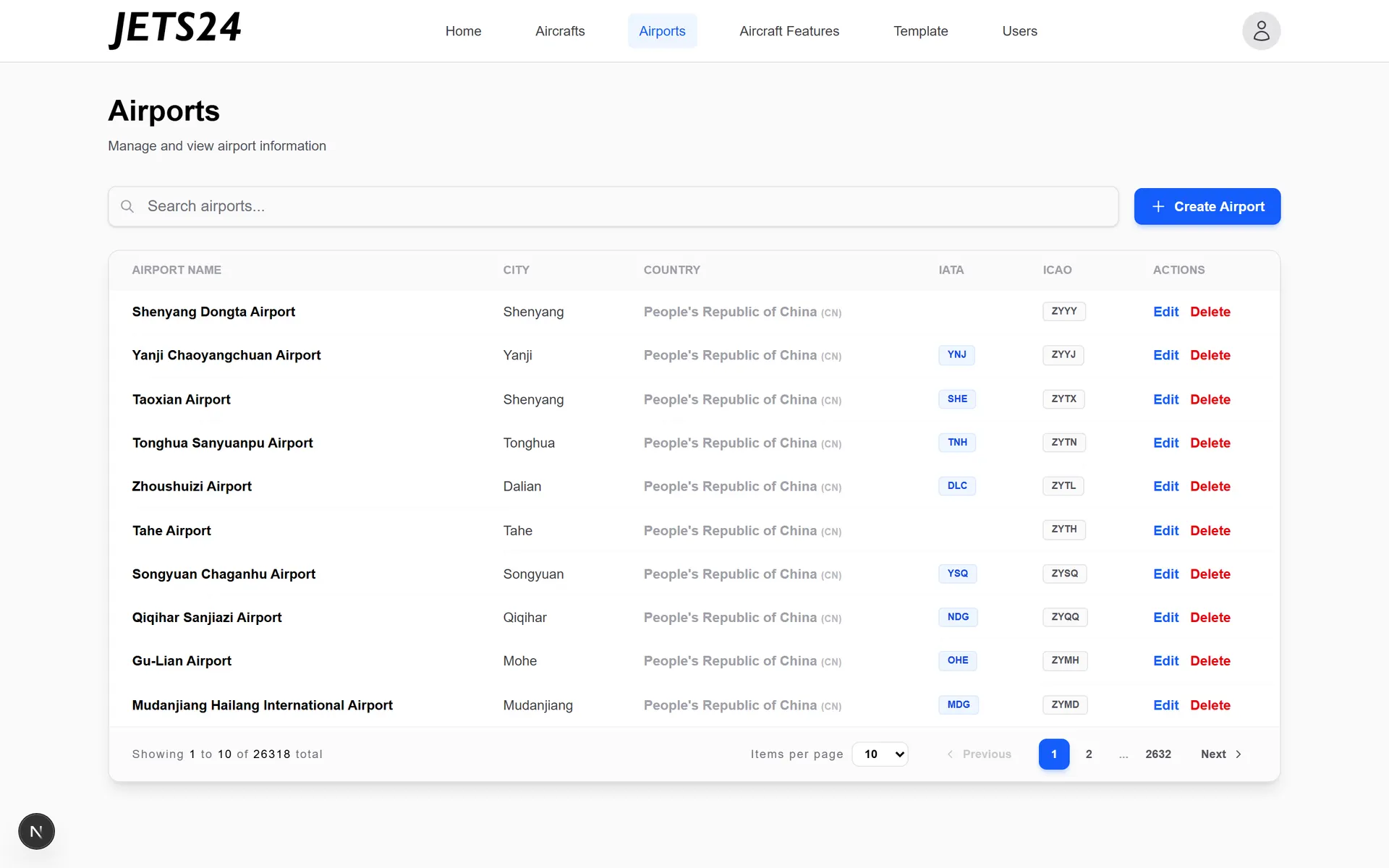 Airport directory listing 26,318 airports with city, country, and IATA/ICAO codes