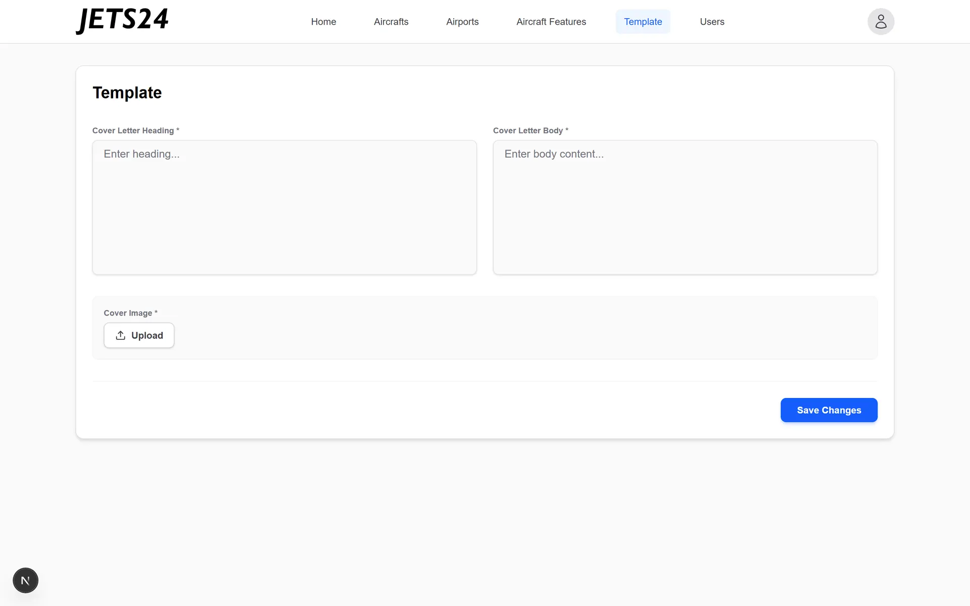 Template screen for editing the proposal cover letter heading, body, and cover image
