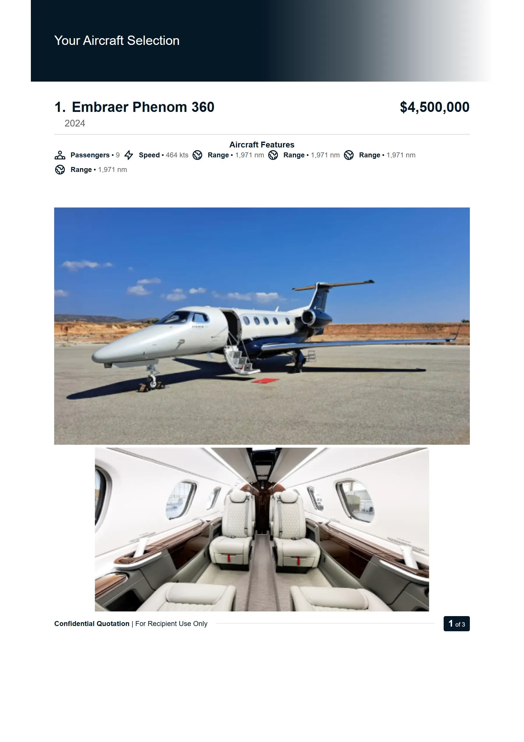 Per-aircraft proposal page with model, year, price, feature icons, and photography